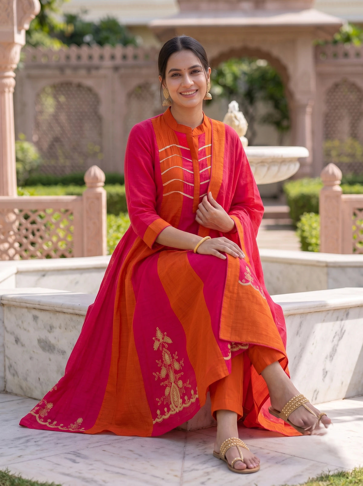 ORANGE PINK FESTIVE HAND EMBROIDERED MUL CHANDERI ANARKALI SUIT SET