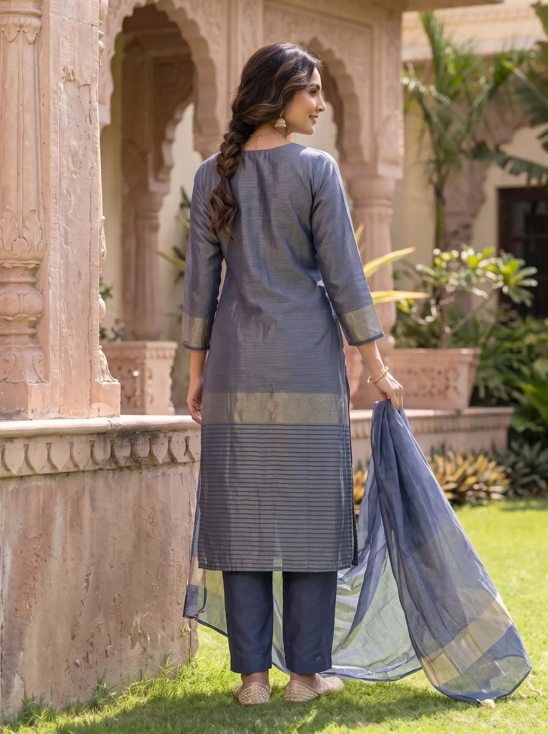 SHIMMERY GREY DESIGNER HAND EMBROIDERED FESTIVE SUIT SET