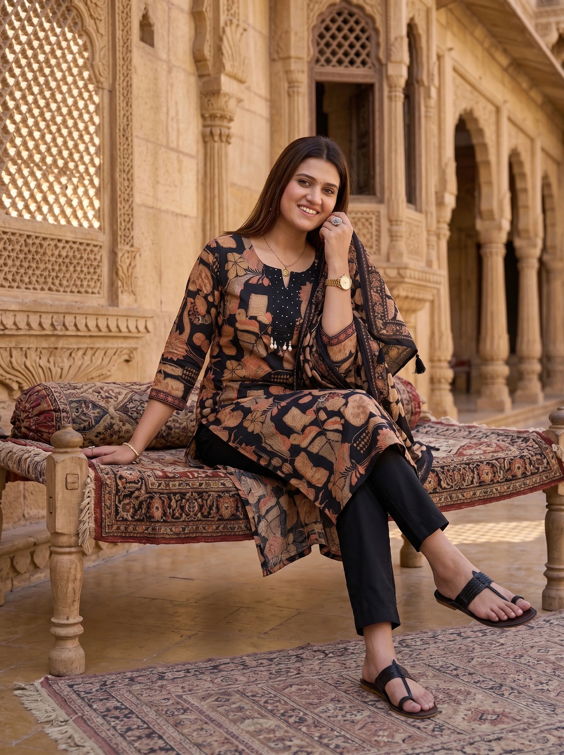 BLACK FLORAL PRINT NECK EMBROIDERED SUIT SET