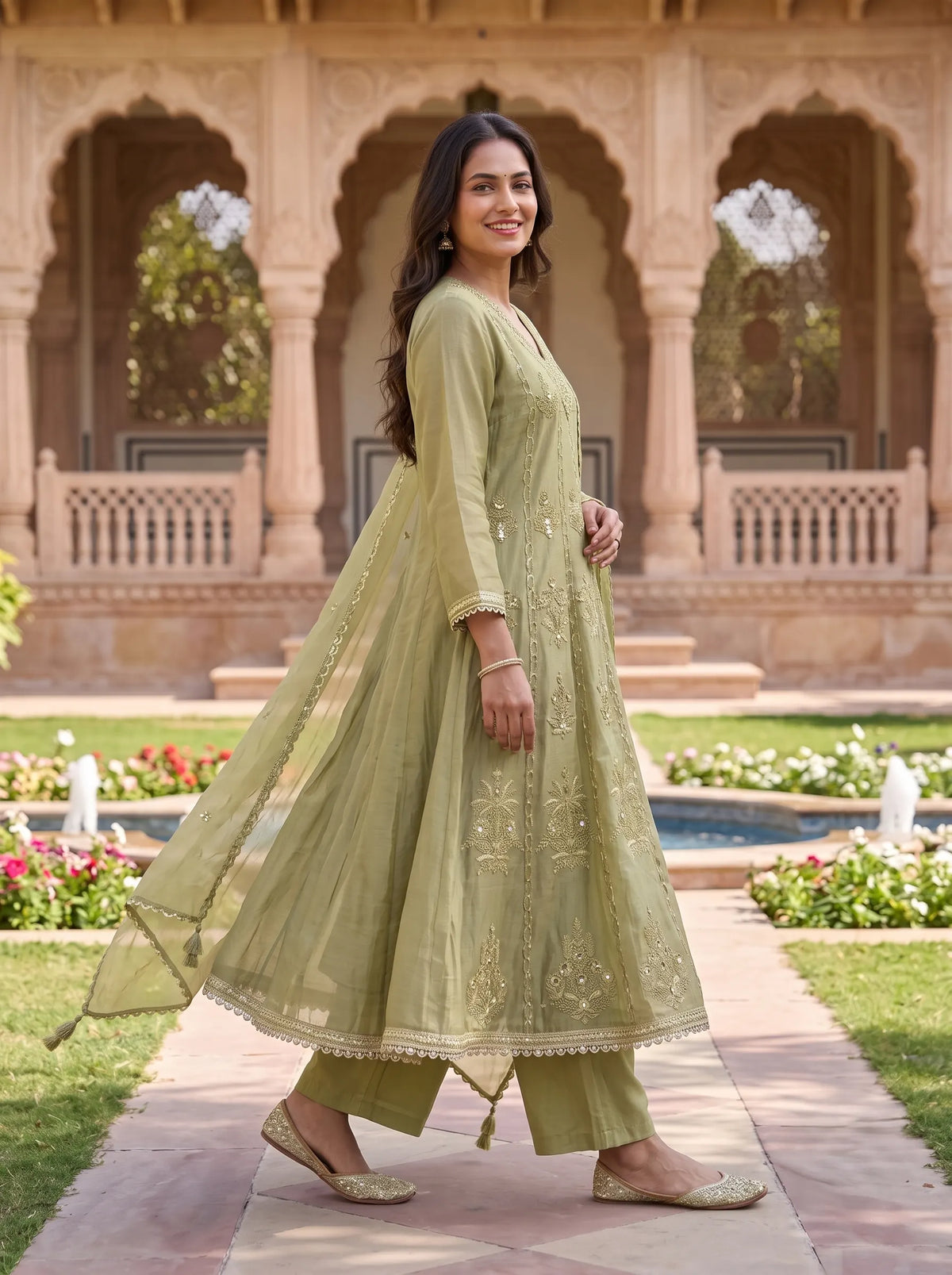 SAGE GREEN FLOWING ANARKALI WITH DELICATE FLORAL EMBROIDERED  SUIT SET