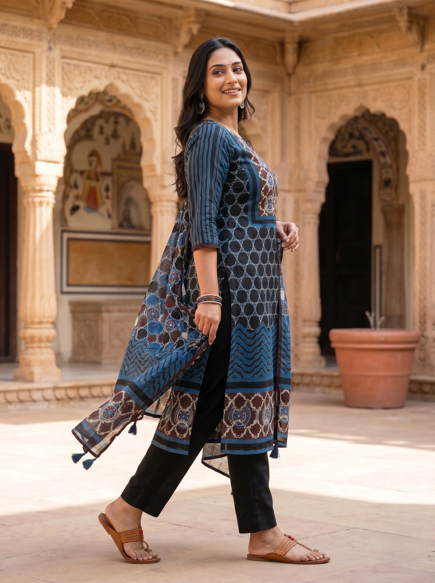 TEAL BLUE BLOCK PRINT NECK EMBROIDERED SUIT SET