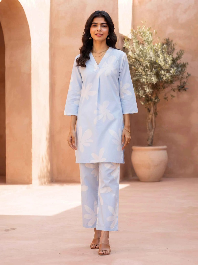 POWDER BLUE PETALS ELEGANCE PURE COTTON CO-ORD SET