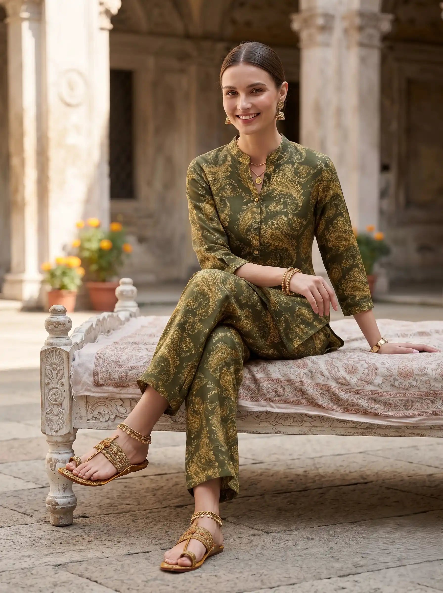 OLIVE REGAL PAISLEY PURE COTTON CO-ORD SET