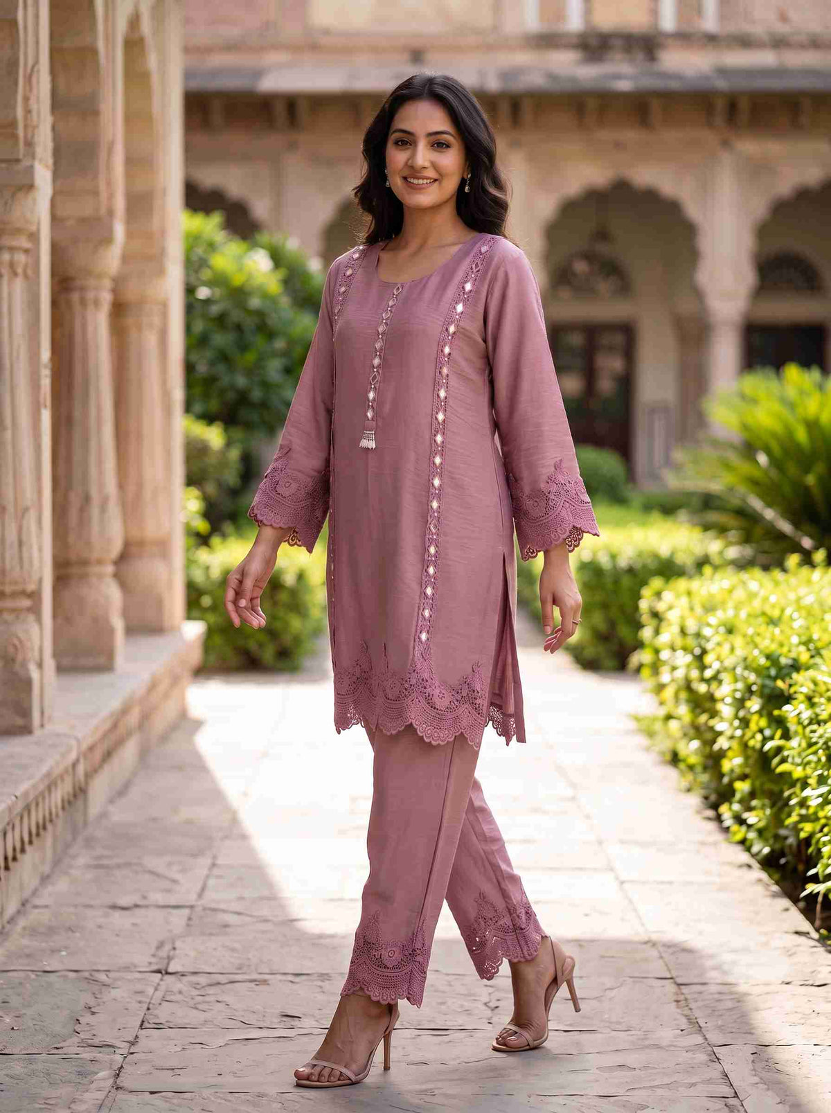 DUSTY ROSE TEXTURED MIRROR WORK LACE DETAIL WOMEN CO-ORD SET