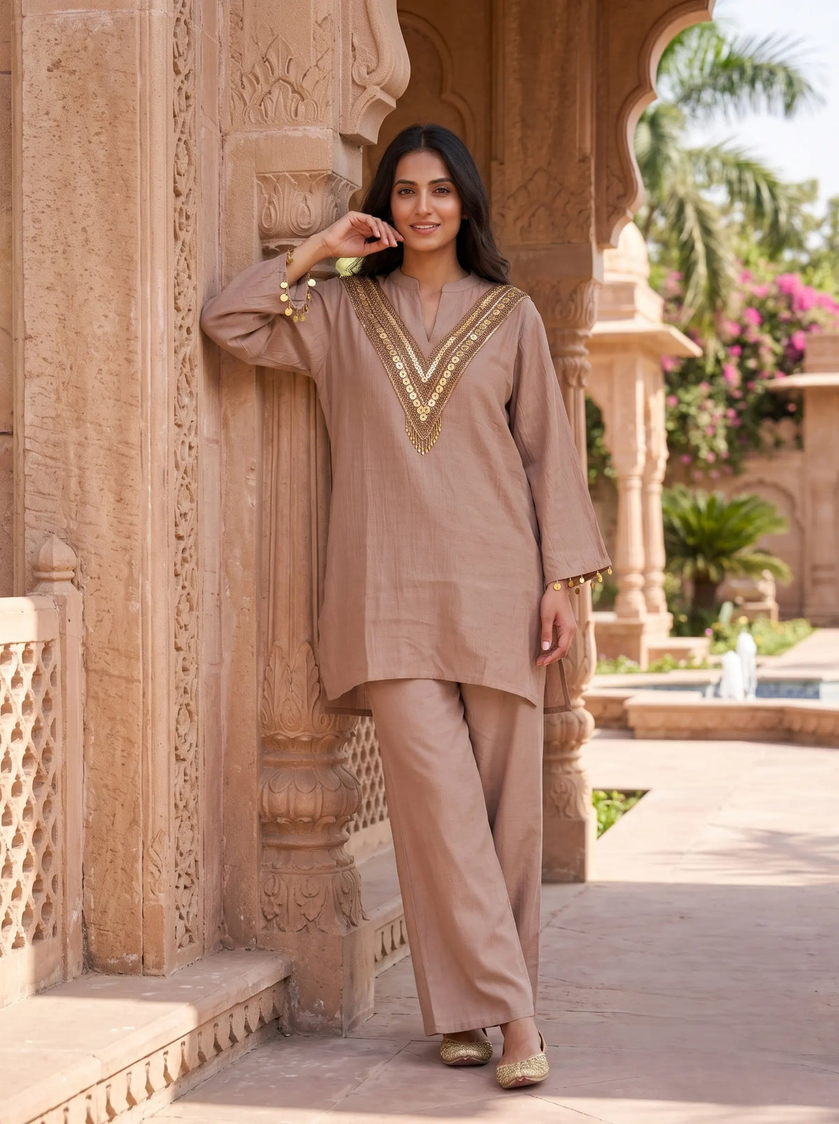 BROWN AND GOLD SEQUINED FESTIVE PURE MUSLIN CO-ORD SET
