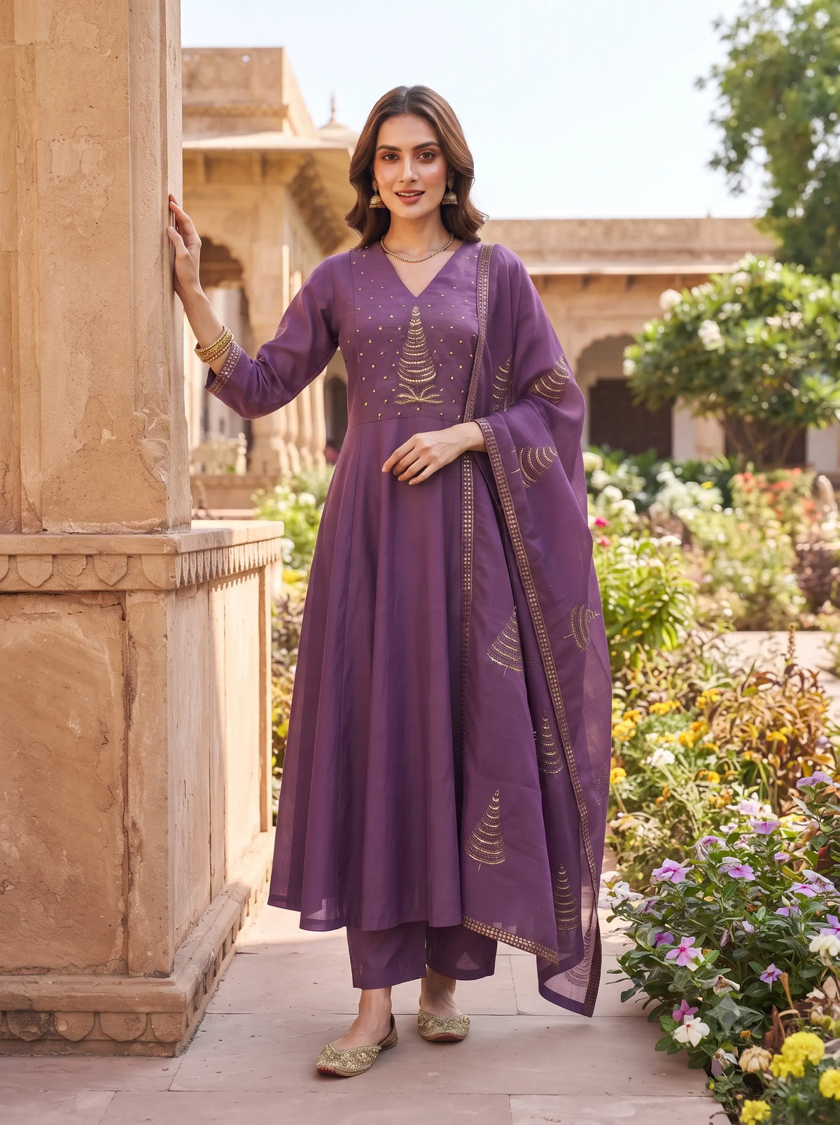 DUSKY PURPLE ANARKALI WITH GOLD HAND EMBROIDERED SUIT SET