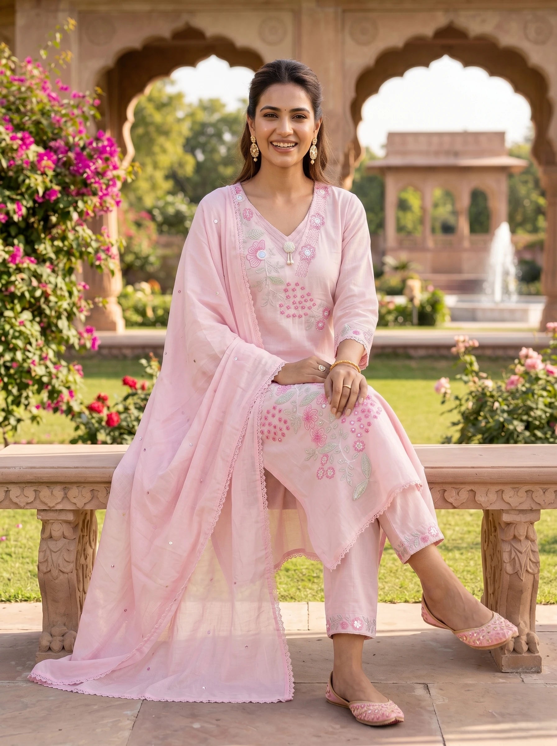 BLUSH PINK FLORAL EMBROIDERED MUL COTTON SUIT SET