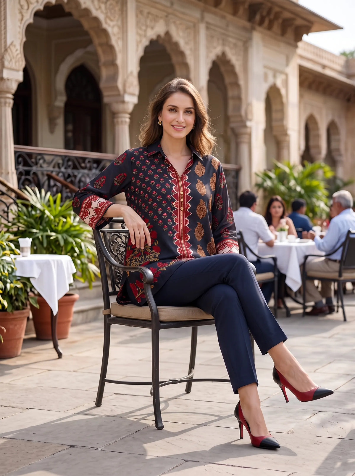 BLACK AND RED FLORAL BLOCK PRINT PURE CREPE SHIRT TOP