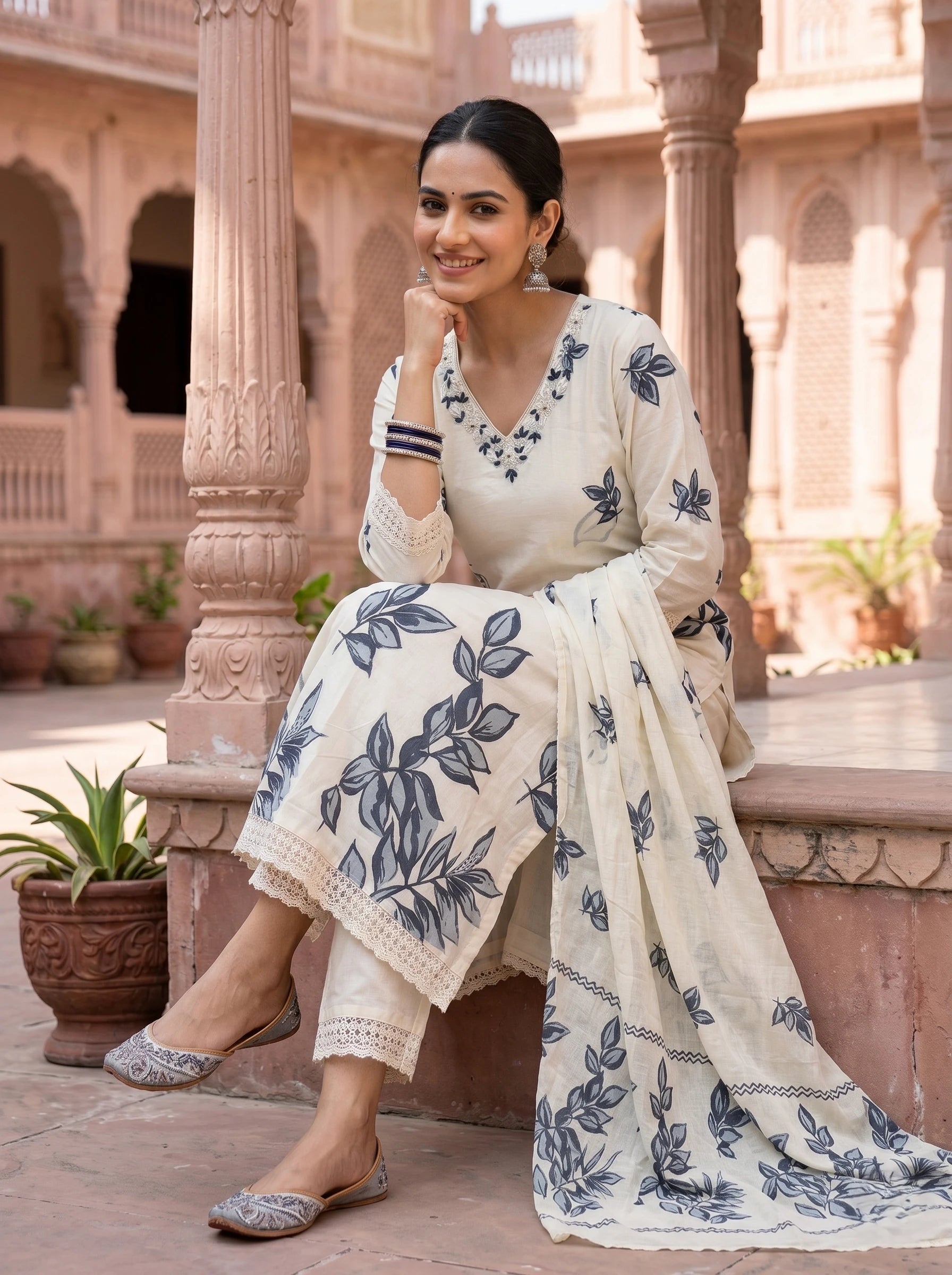 ELEGANT OFF-WHITE EMBROIDERED SUIT SET
