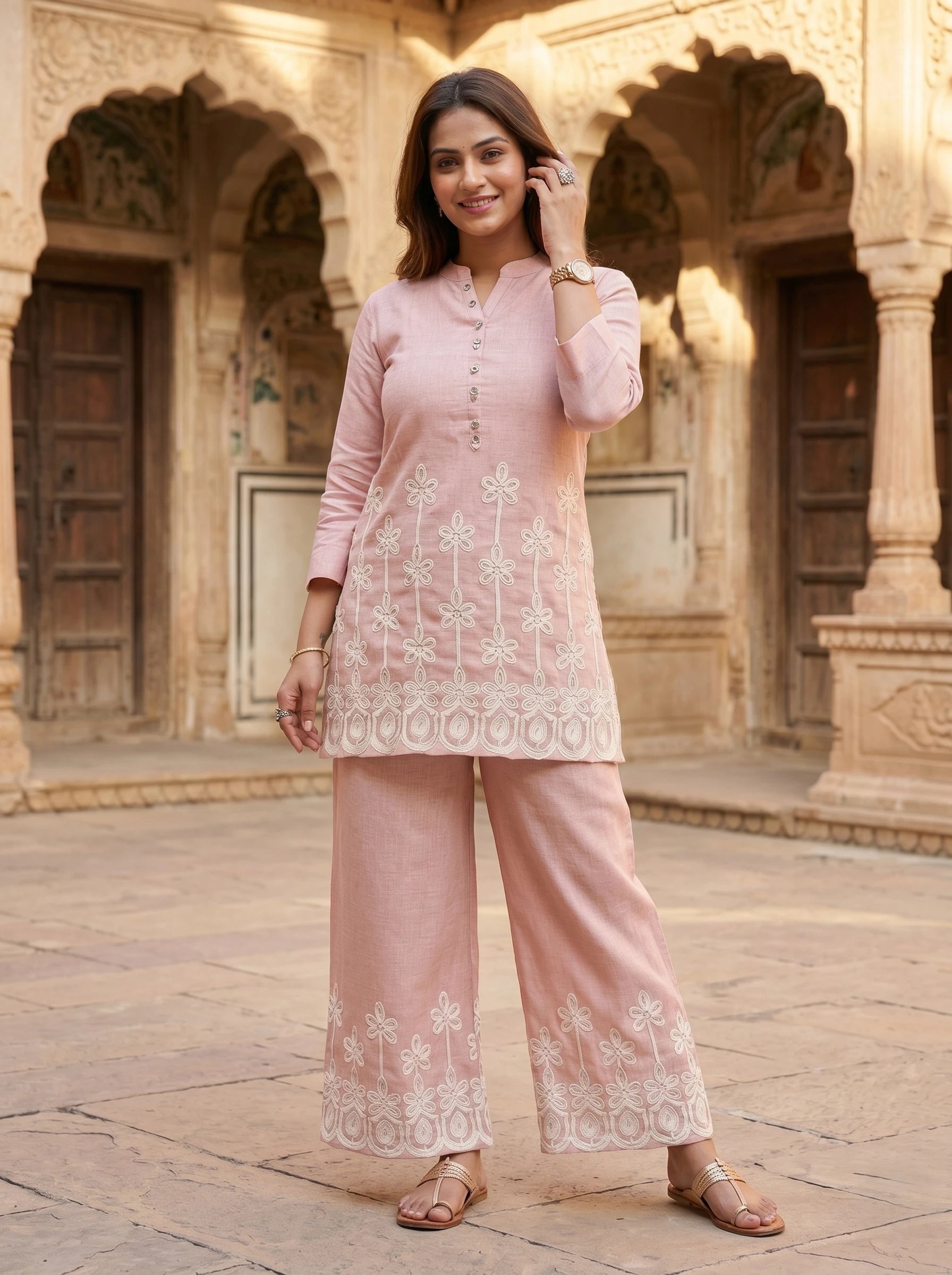 POWDER PINK FLORAL EMBROIDERED CO-ORD SET