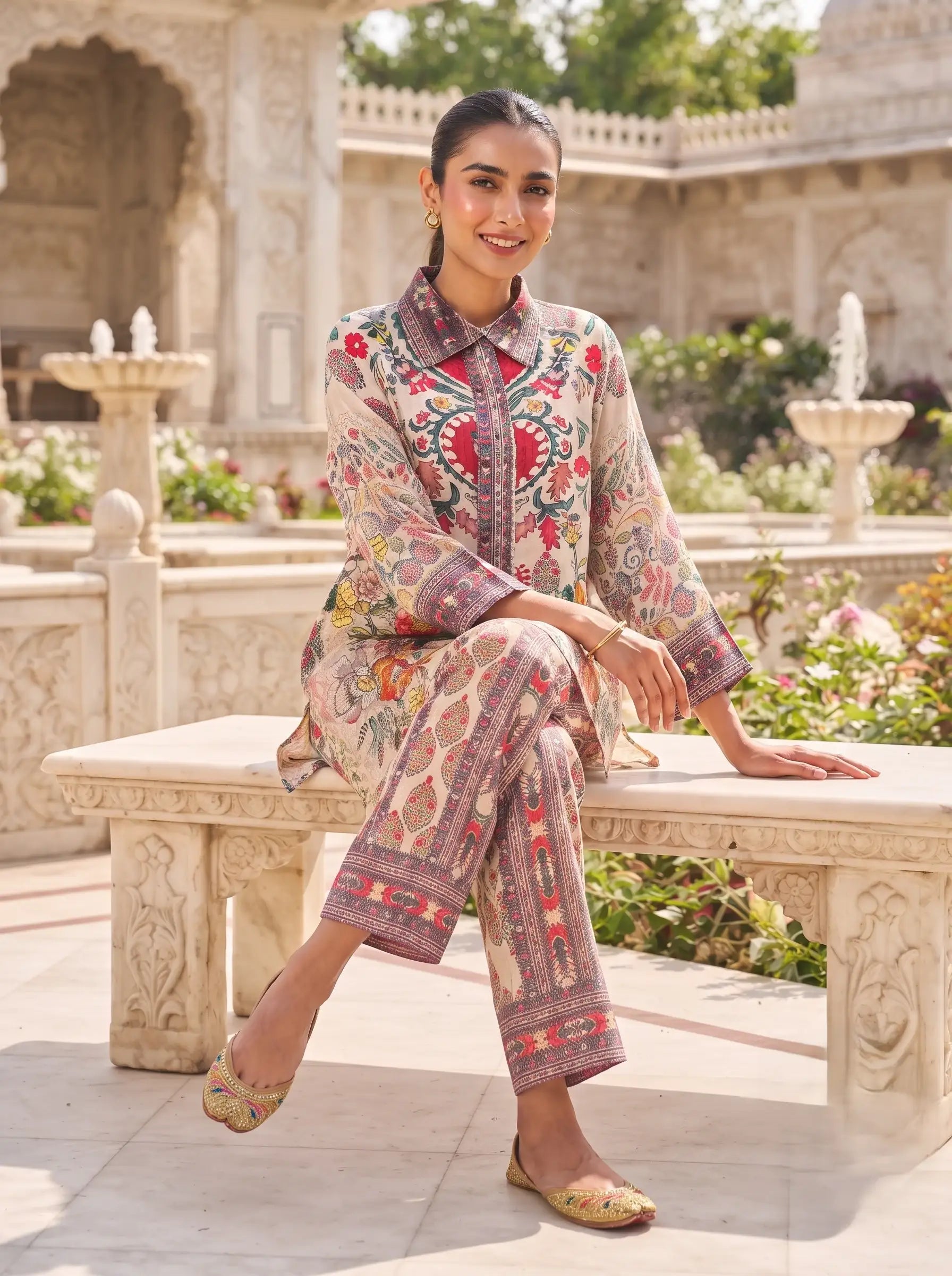 ROSE GARDEN PRINTED SHIRT STYLE PURE MUSLIN CO-ORD SET