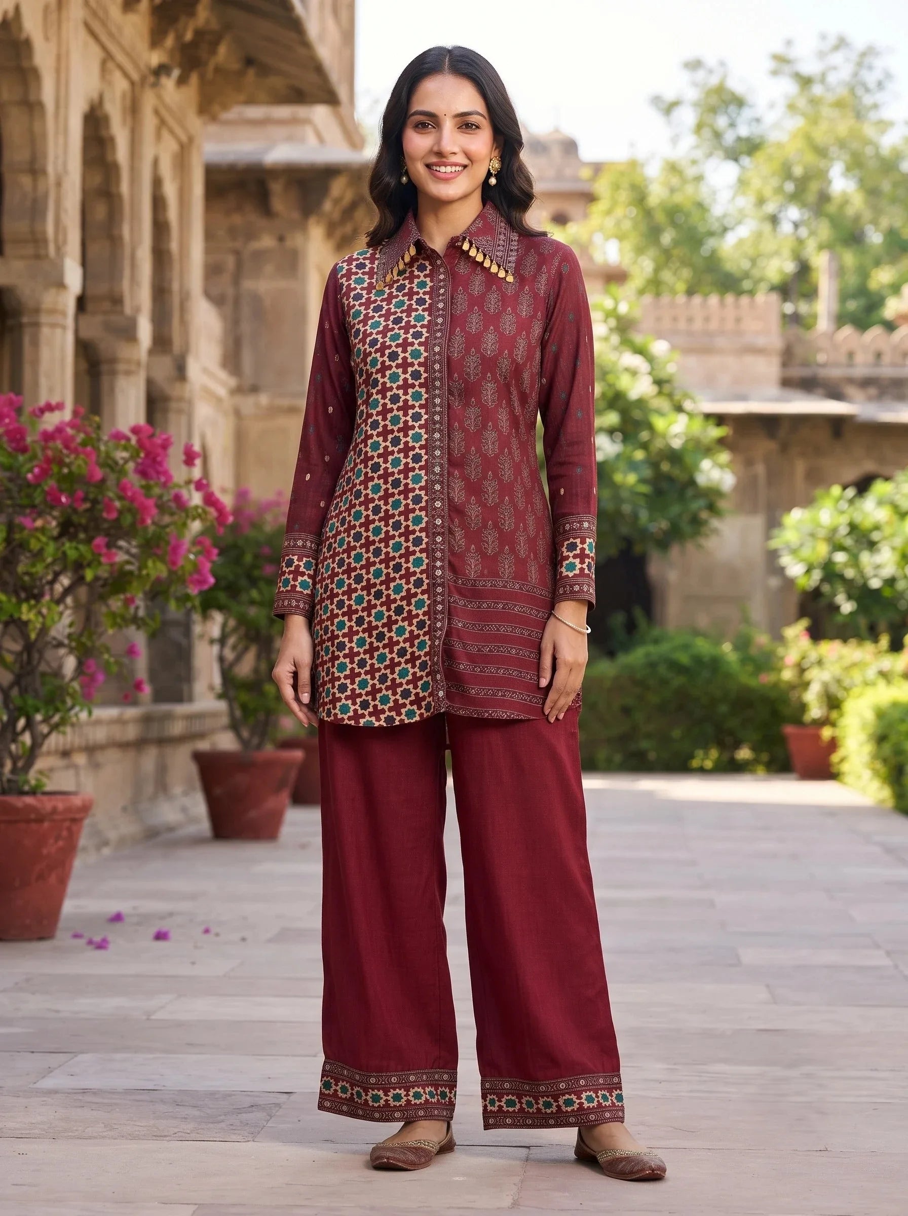 MAROON AJRAKH PRINTED  SHIRT STYLE PURE CREPE CO-ORD SET