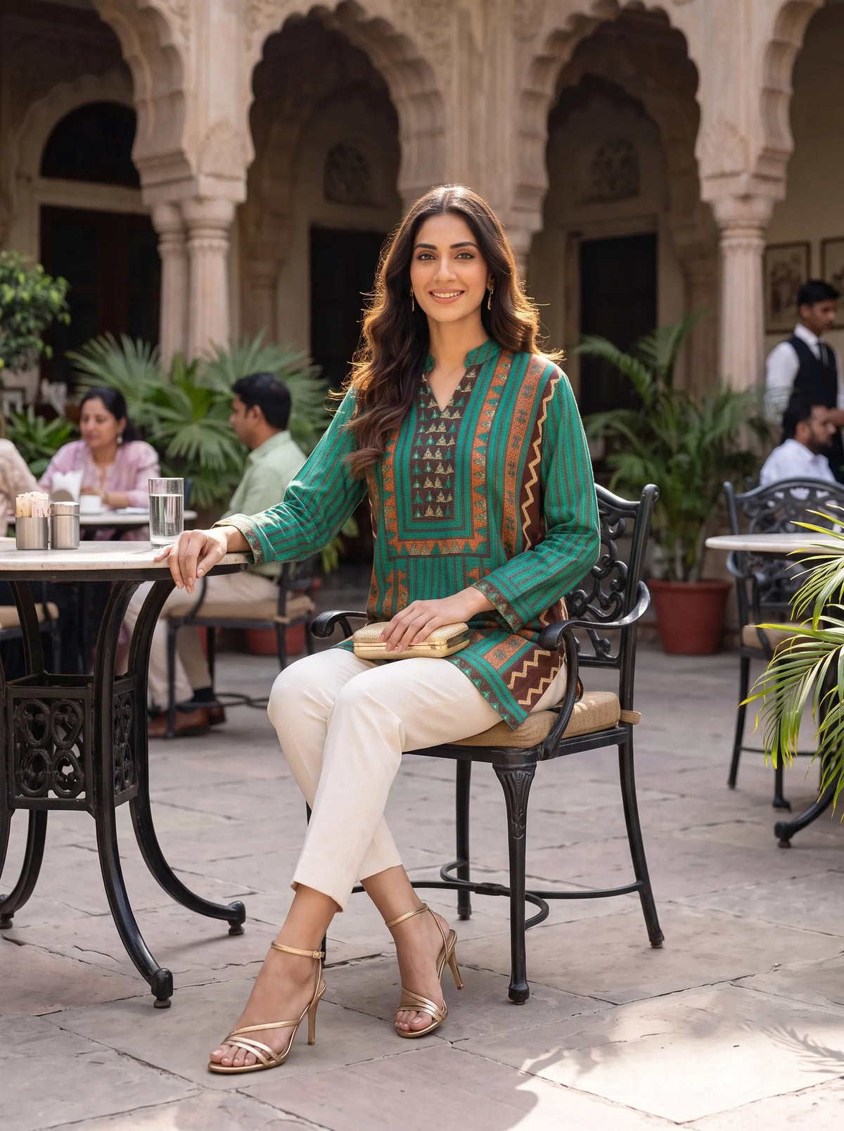 GREEN AND RUST GEOMETRIC PURE MUSLIN SHIRT TOP