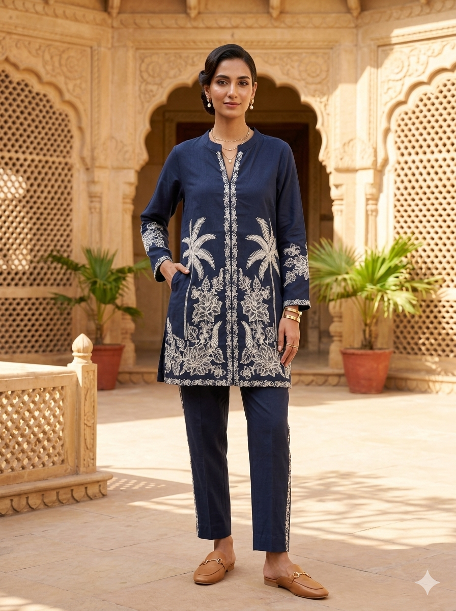 MIDNIGHT ROYAL  EMBROIDERED CO-ORD SET