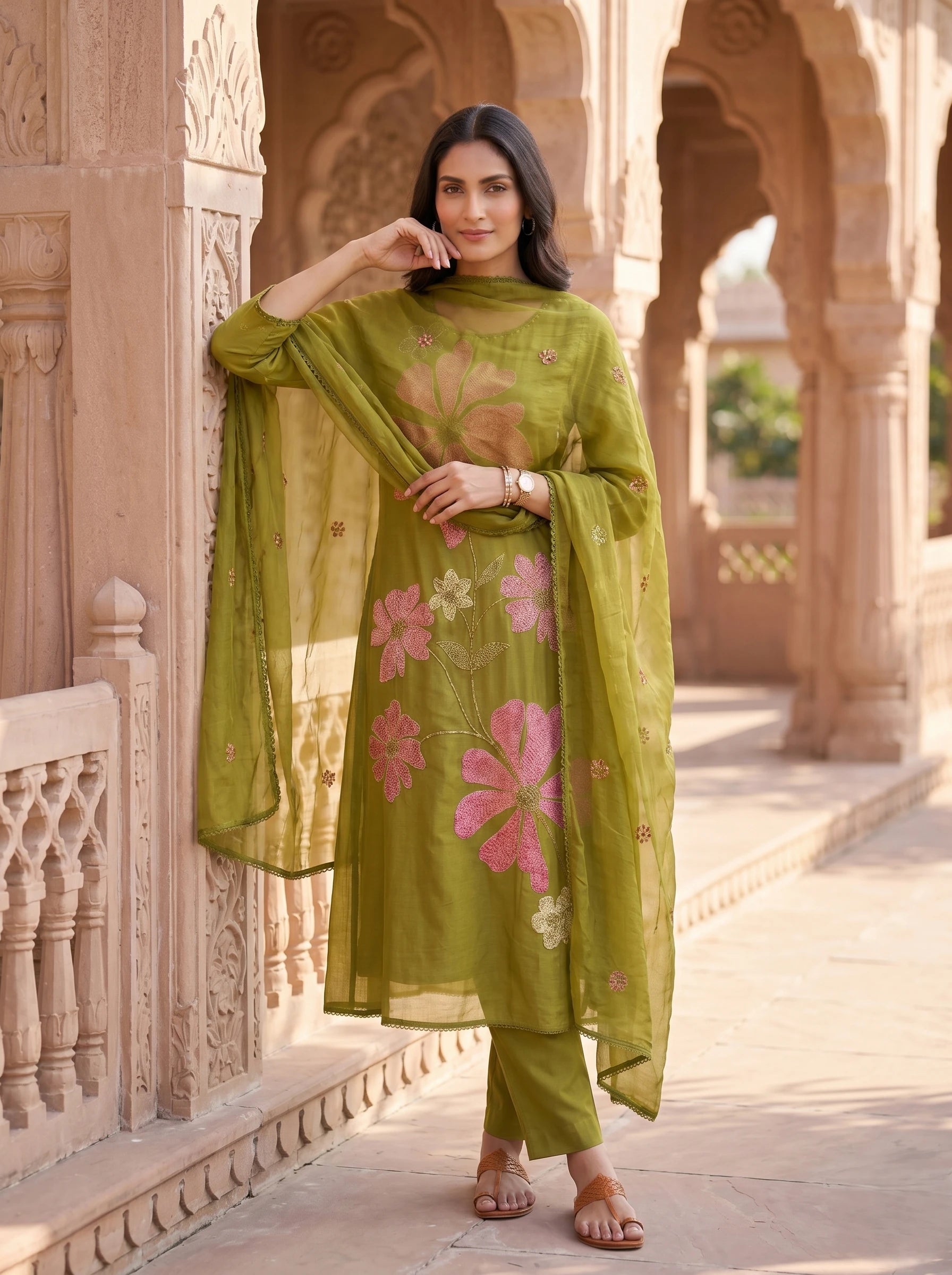 OLIVE  BLOSSOM THREADWORK MUL COTTON SUIT SET