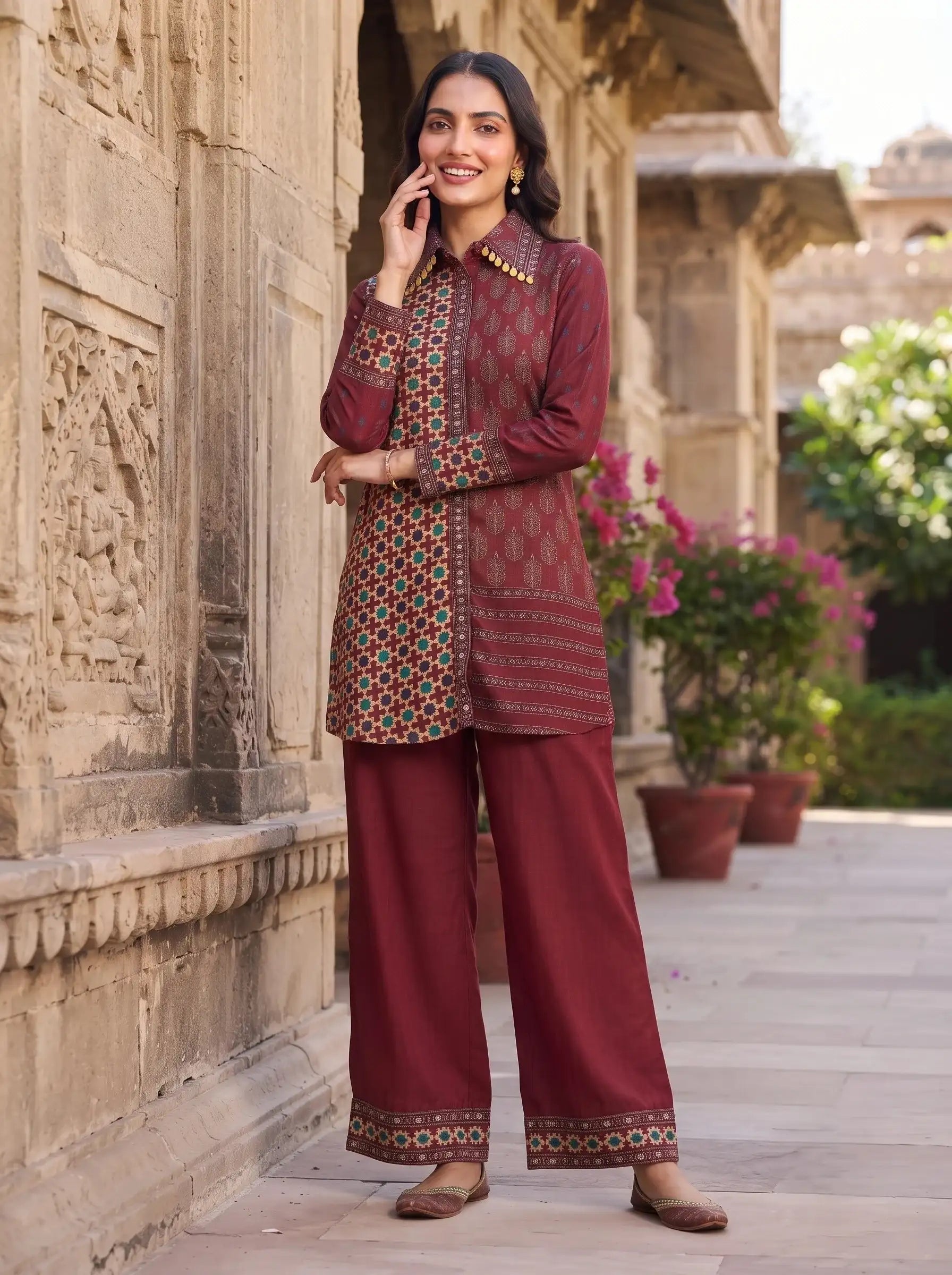 MAROON AJRAKH PRINTED  SHIRT STYLE PURE CREPE CO-ORD SET