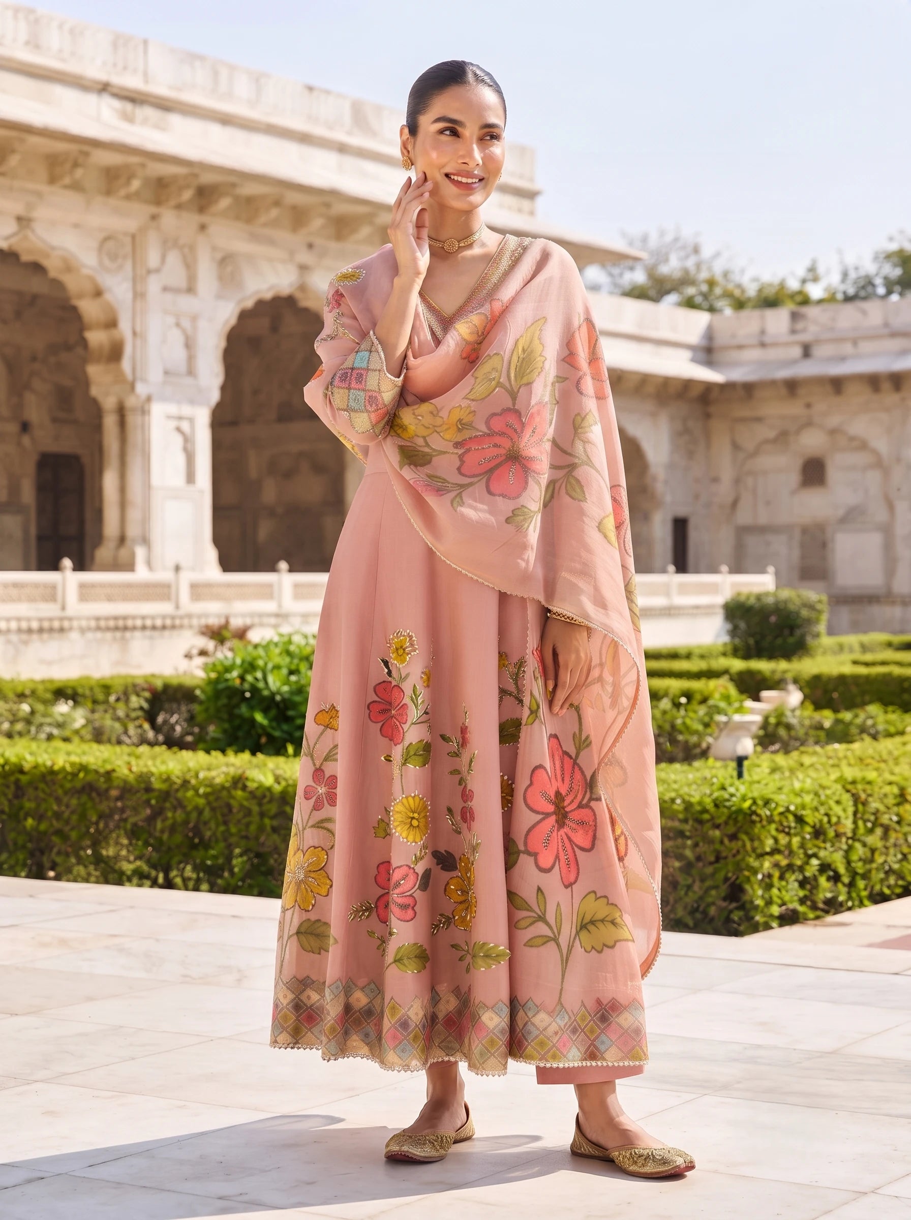 NOOR-E-GUL BLUSH ONION SHIMMER FABRIC ANARKALI SUIT WITH DUPATTA