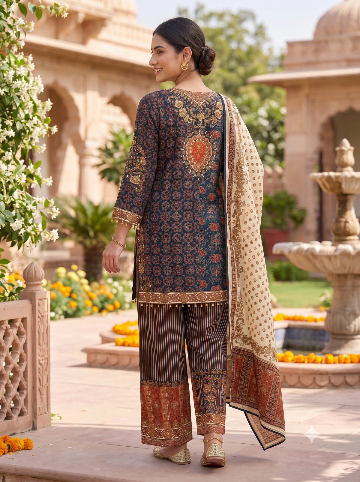 MIDNIGHT PAISLEY PRINTED EMBELLISHED PURE MUSLIN SUIT SET