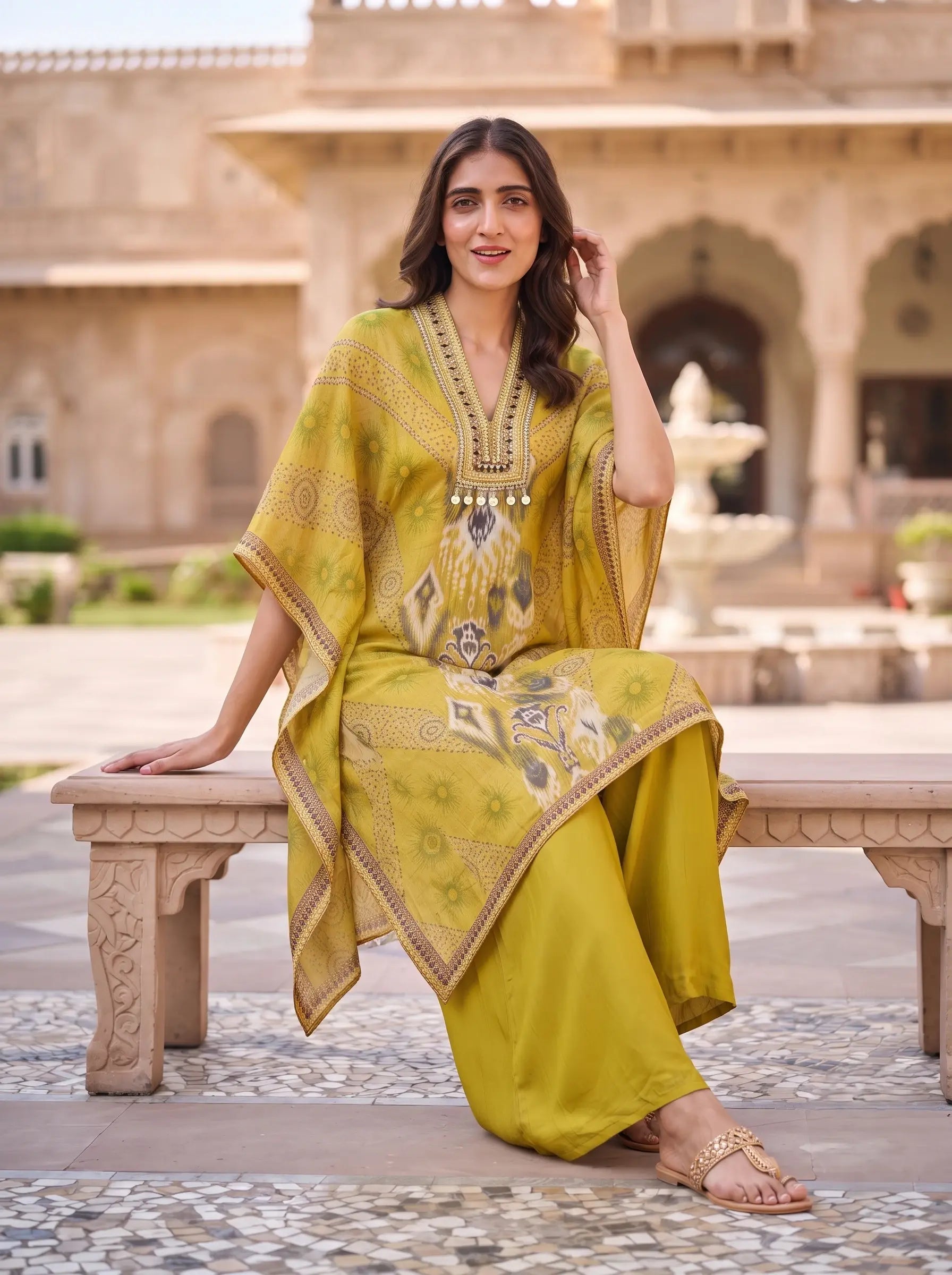 MUSTARD YELLOW PRINTED PURE CHINON KAFTAN CO-ORD SET