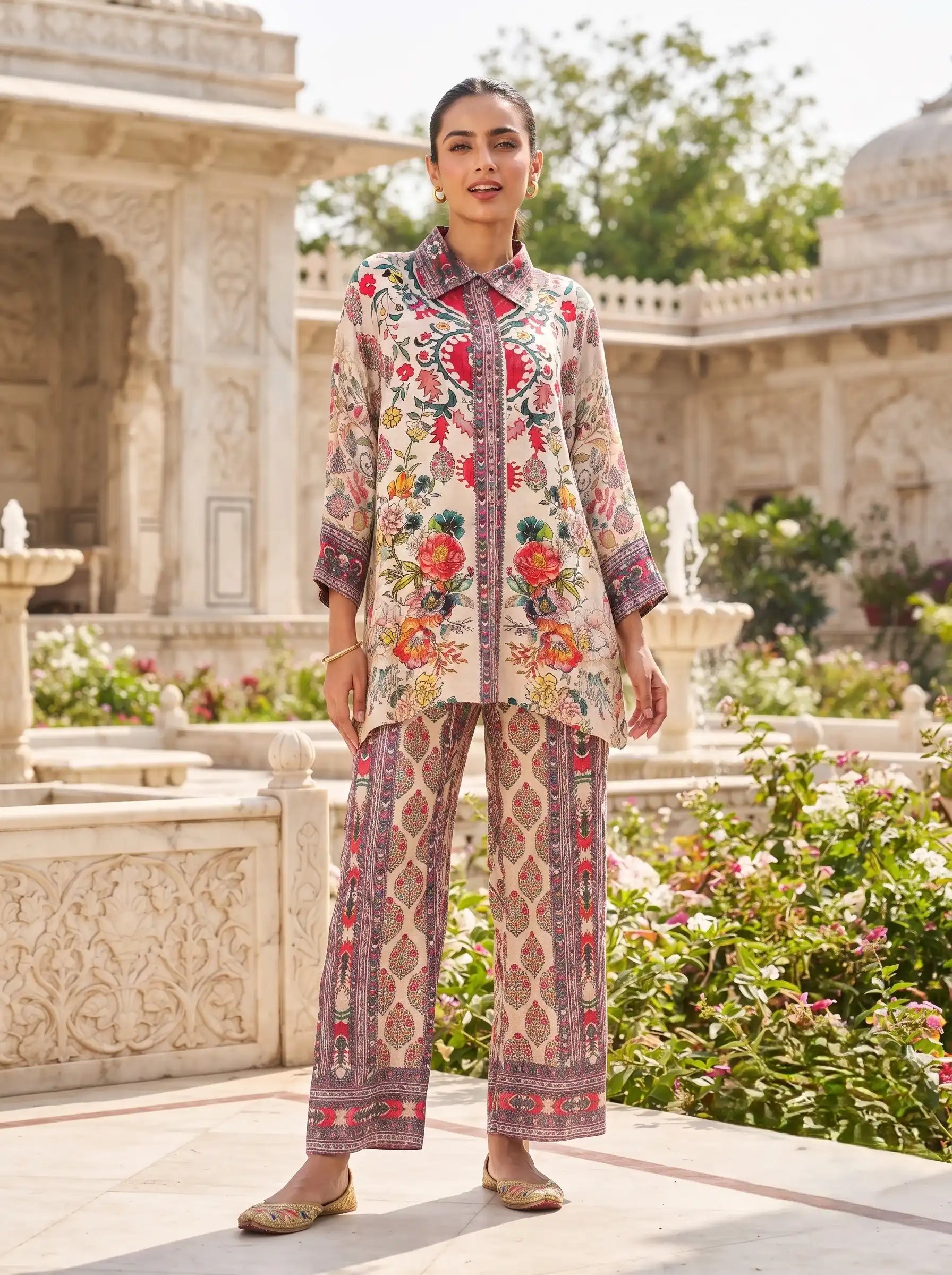 ROSE GARDEN PRINTED SHIRT STYLE PURE MUSLIN CO-ORD SET