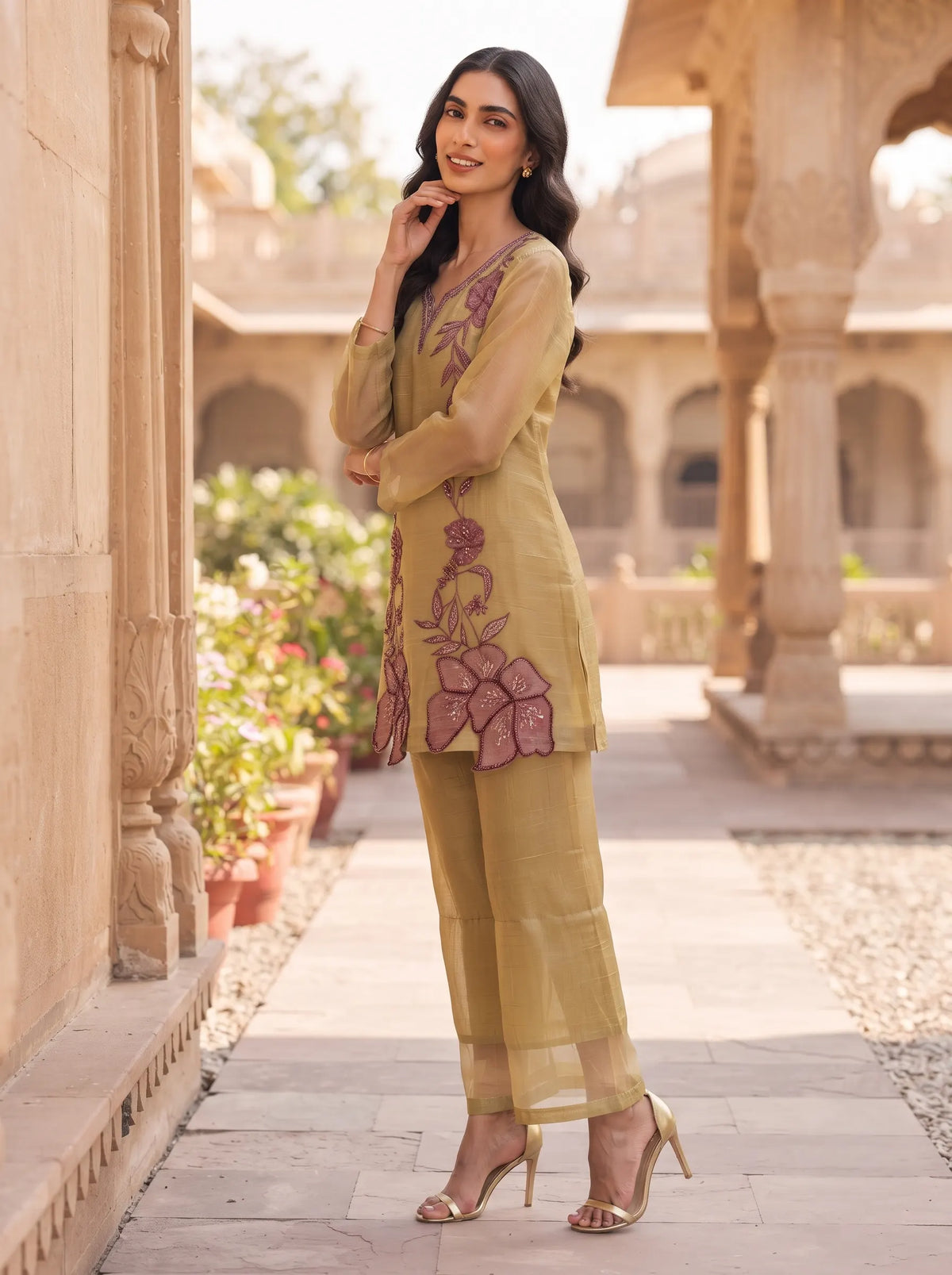 TAUPE WINE EMBROIDERED NECKLINE CRUSH TISSUE FESTIVE CO-ORD SET