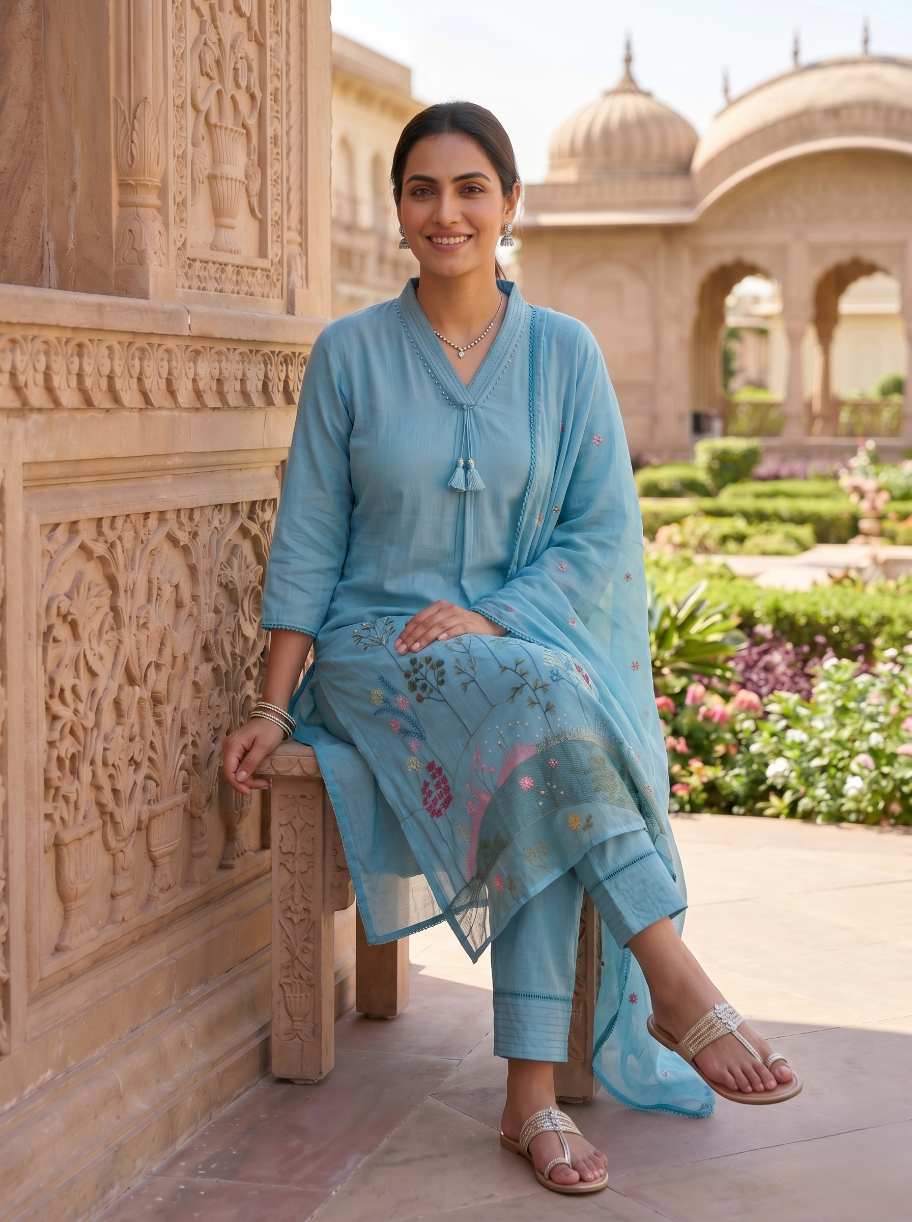 AQUA BLOOM THREADWORK MUL COTTON SUIT SET