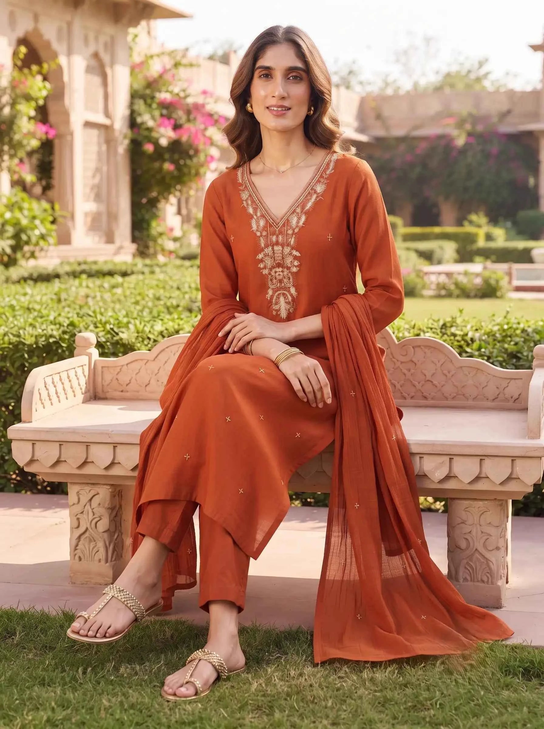 COPPER BROWN BEADWORK FESTIVE DESIGNER SUIT SET