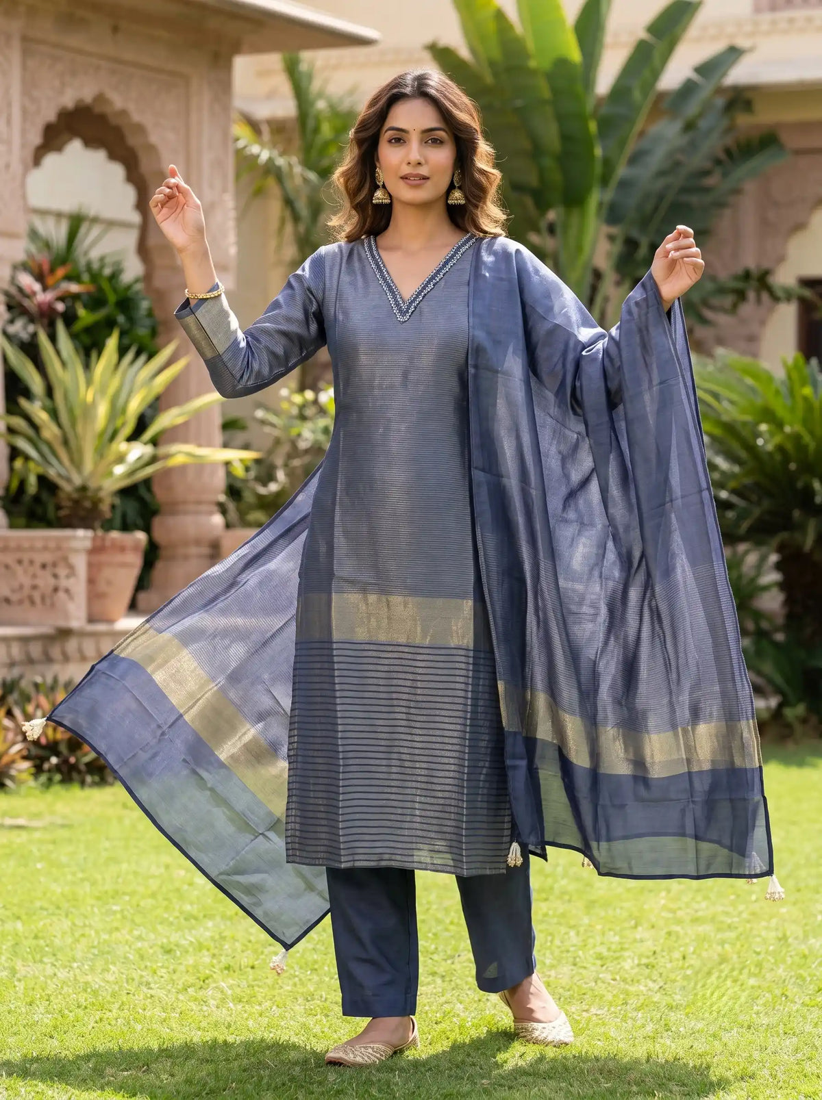 SHIMMERY GREY DESIGNER HAND EMBROIDERED FESTIVE SUIT SET