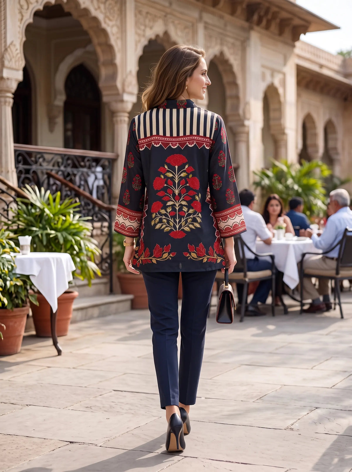 BLACK AND RED FLORAL BLOCK PRINT PURE CREPE SHIRT TOP