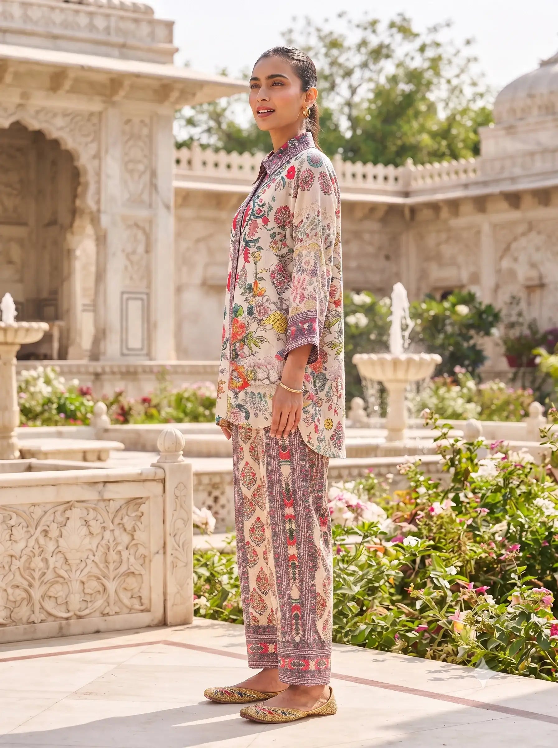 ROSE GARDEN PRINTED SHIRT STYLE PURE MUSLIN CO-ORD SET