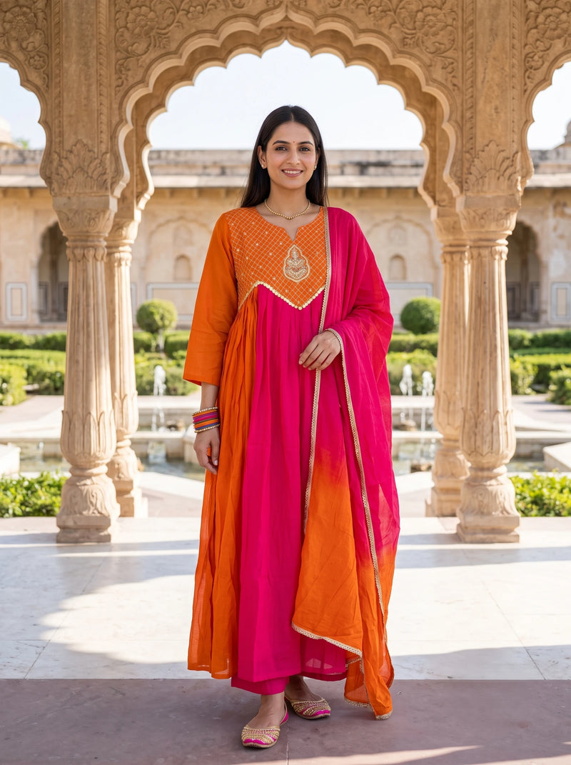 ORANGE PINK DUAL TONE HAND EMBROIDERD FESTIVE ANARKALI  SUIT SET