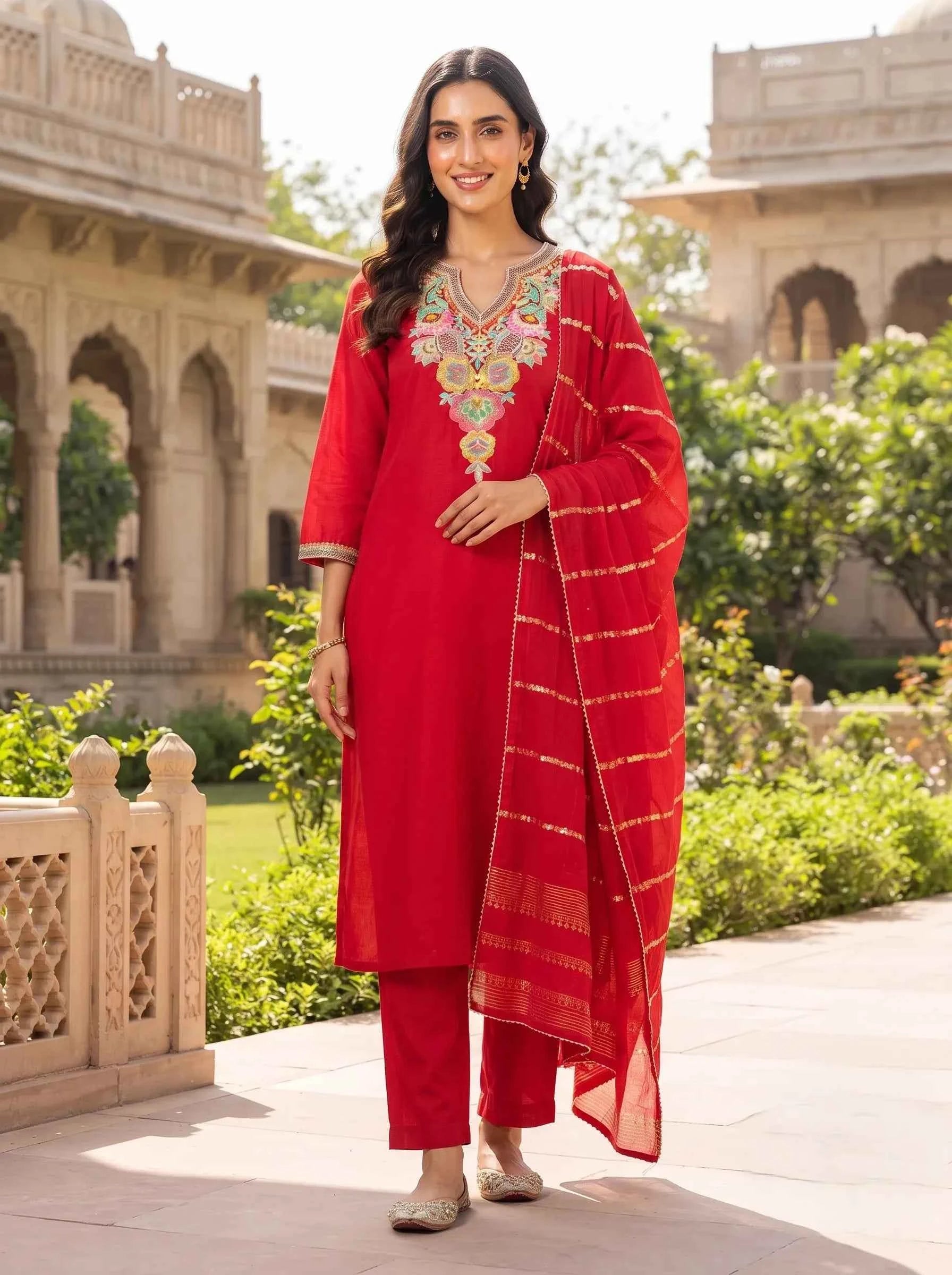 FESTIVE PINK FLORAL APPLIQUE STYLE MUL CHANDERI SUIT SET