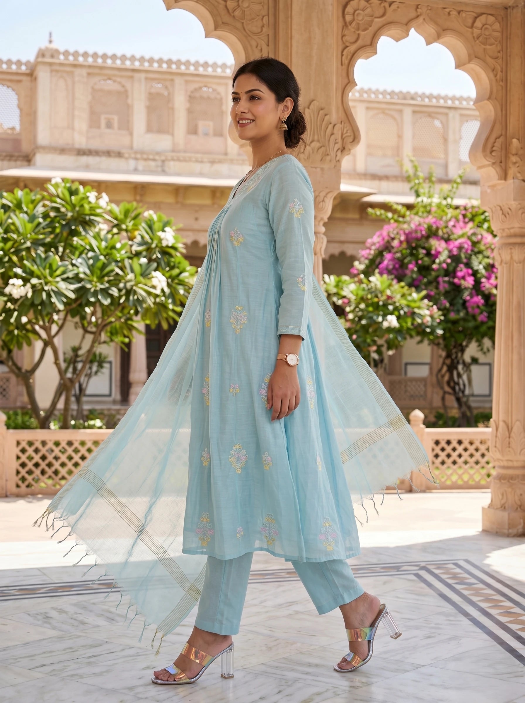 AQUA MIST ELEGANCE HAND EMBROIDERED SUIT SET