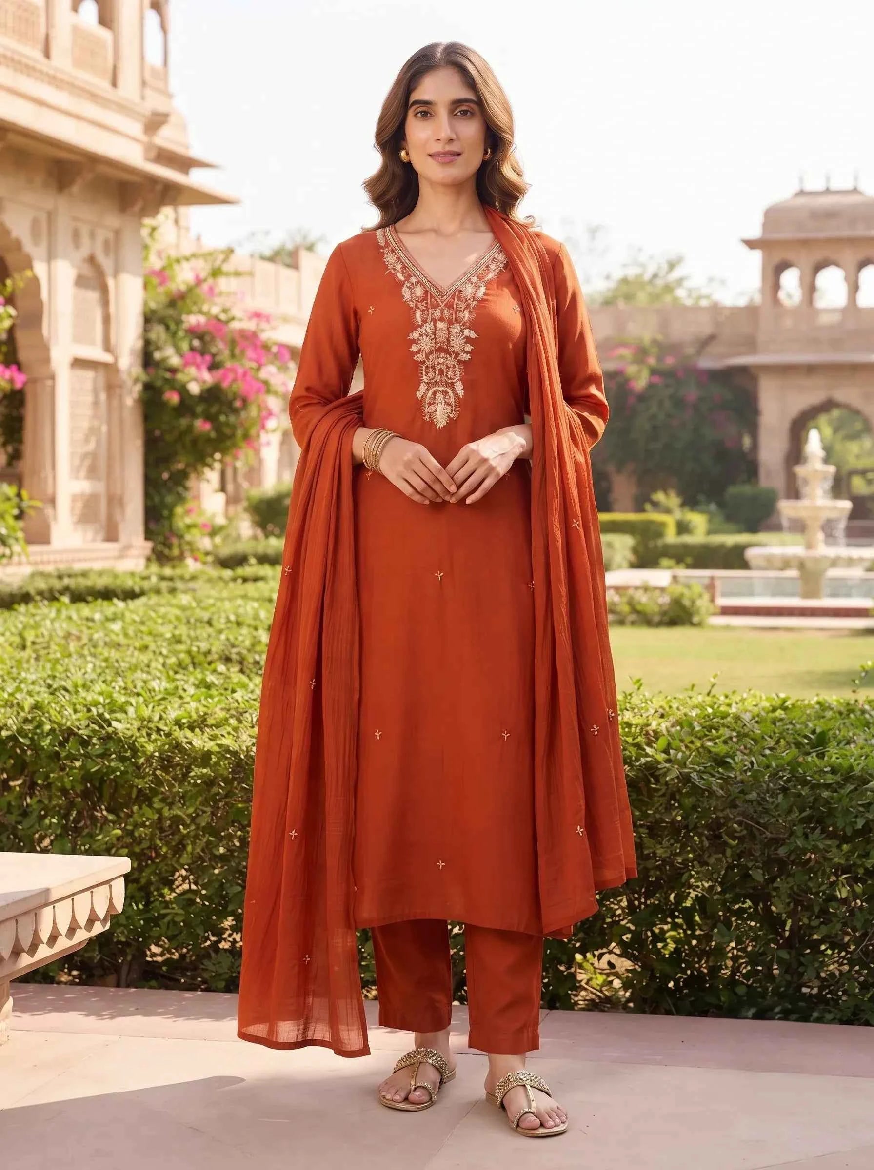 COPPER BROWN BEADWORK FESTIVE DESIGNER SUIT SET