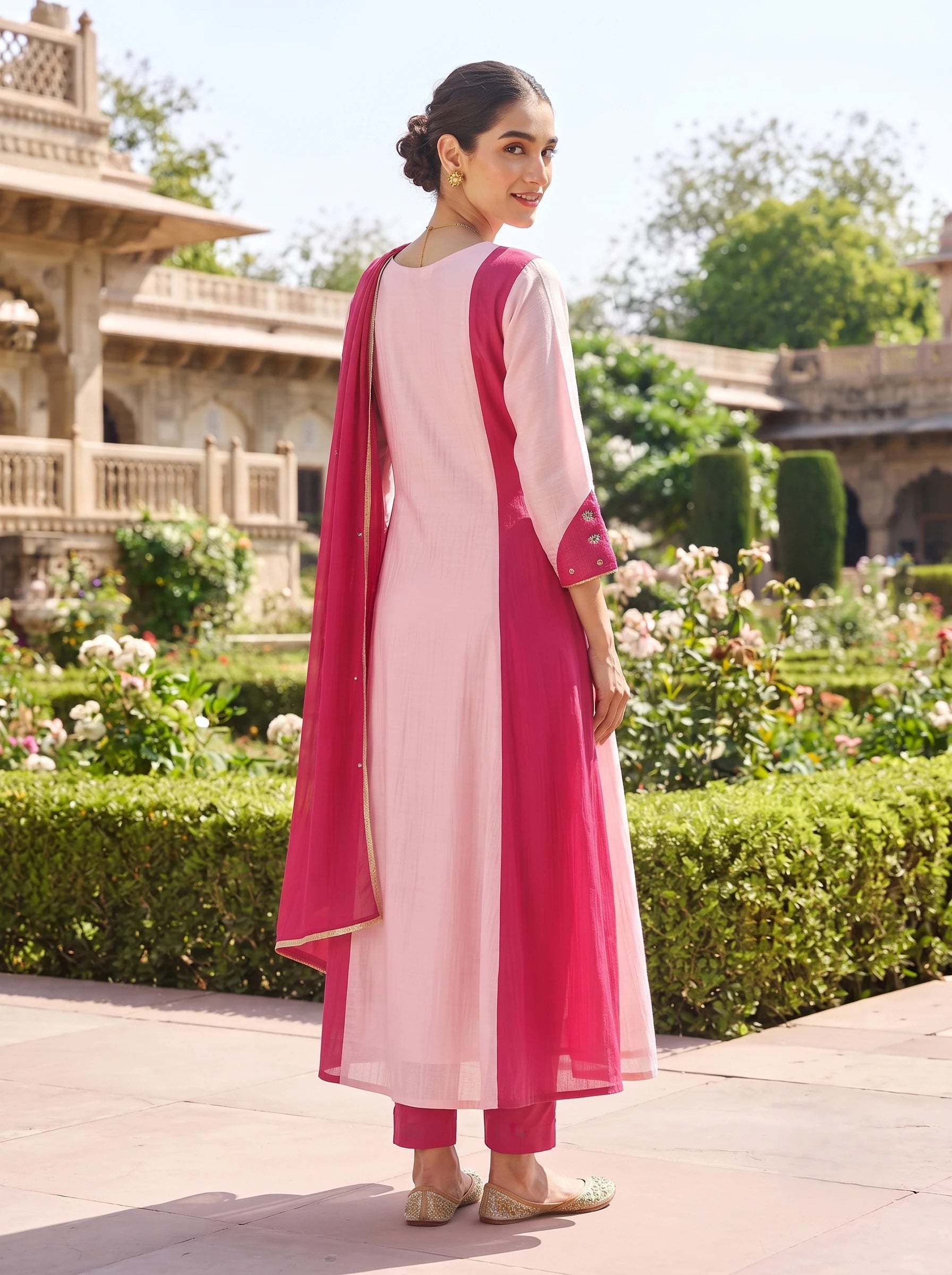 RASPBERRY PINK SEQUIN EMBROIDERED BANARSI MUL CHANDERI SUIT SET