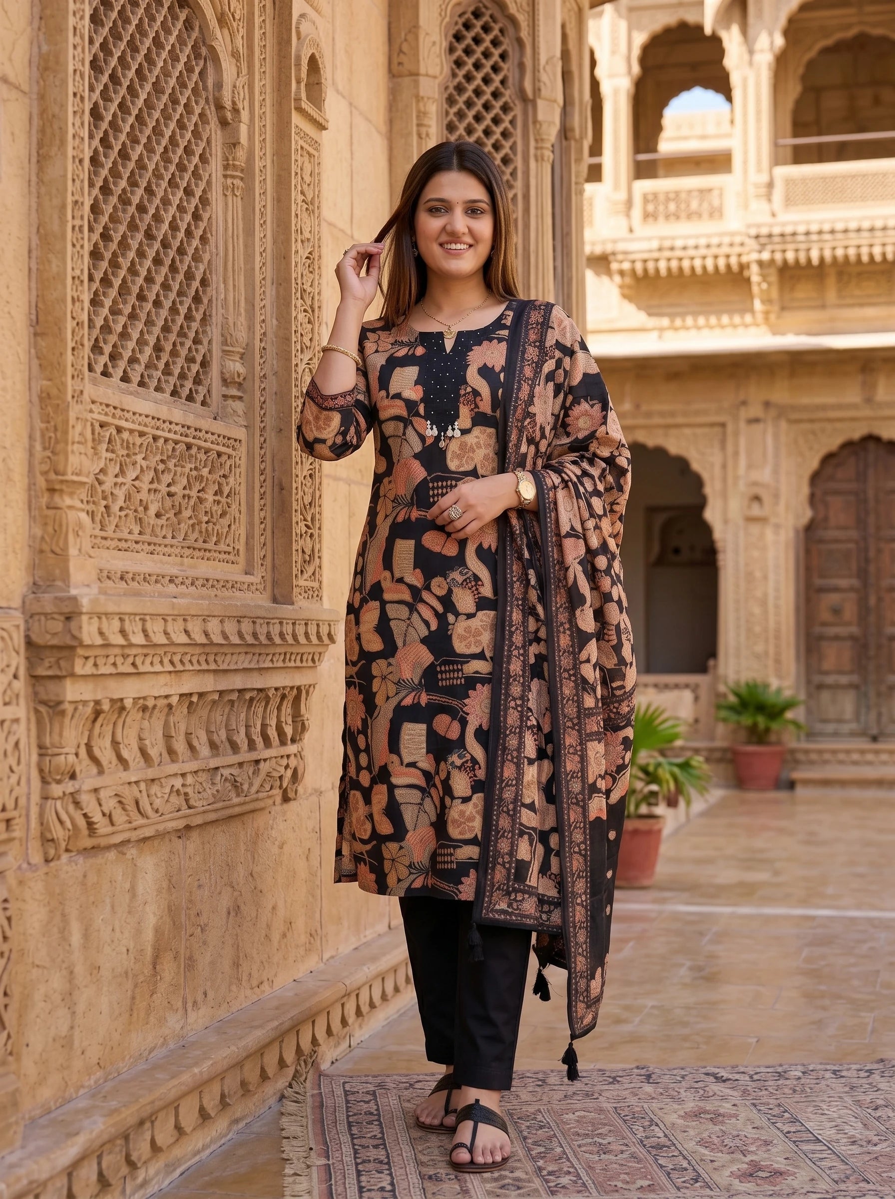 BLACK FLORAL PRINT NECK EMBROIDERED SUIT SET