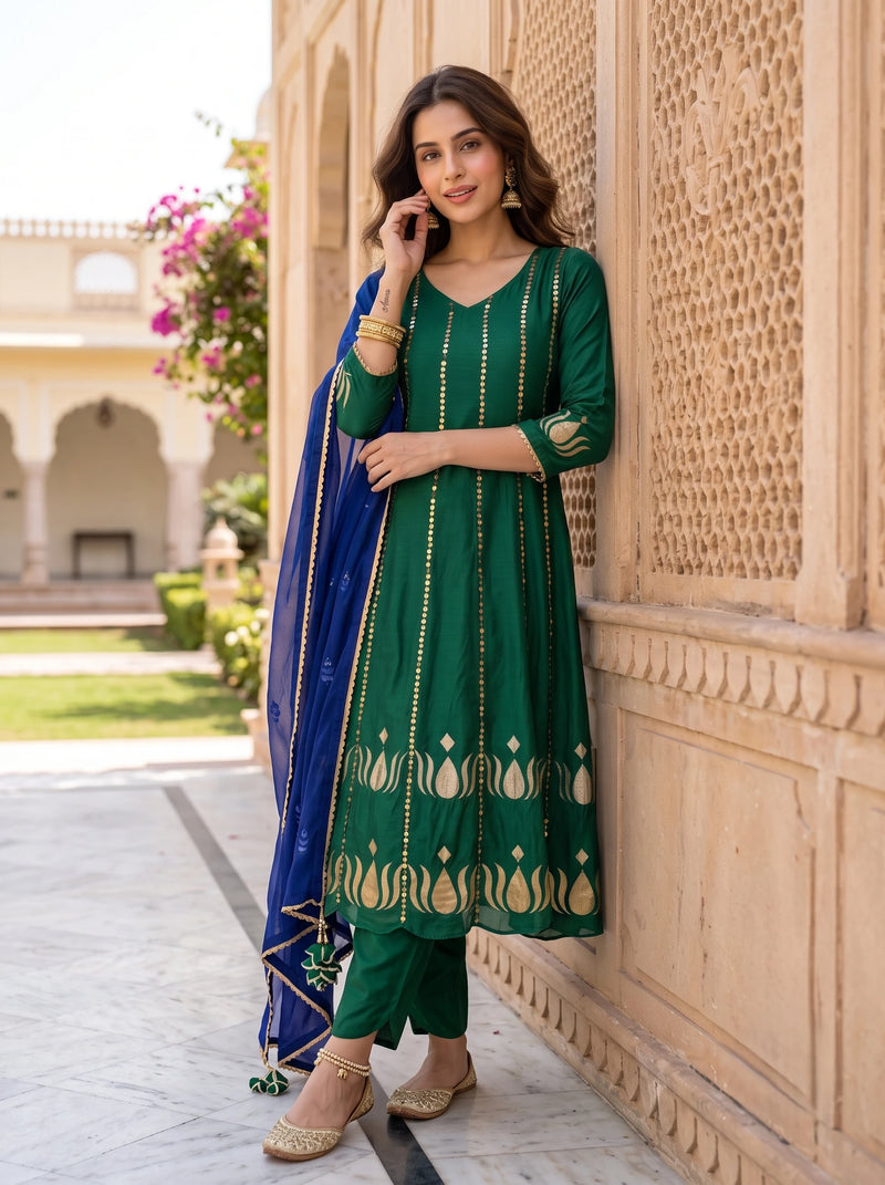 EMERALD GOLDEN FLORAL HAND EMBROIDERED DOLA SILK SUIT SET