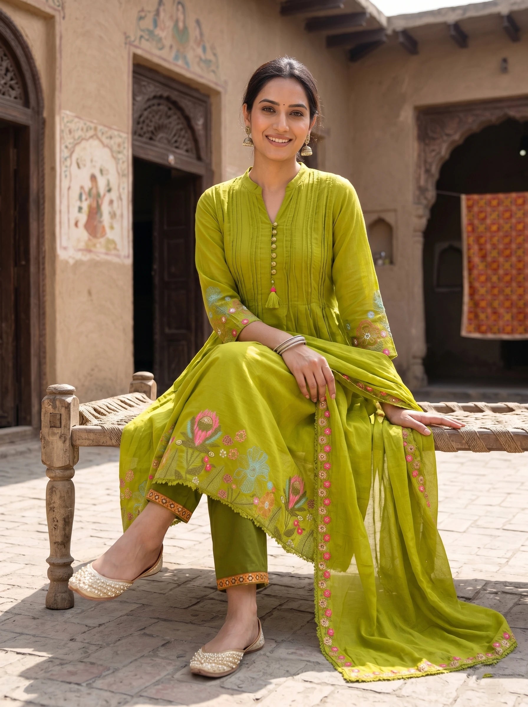 GREEN AURA THREADWORK MUL COTTON SUIT SET