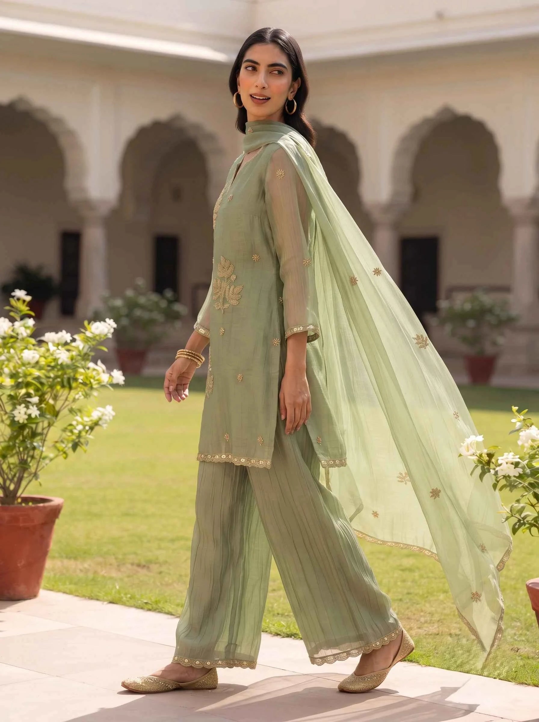 SAGE GREEN BEADED LEAF EMBROIDERED SALSA SUIT SET