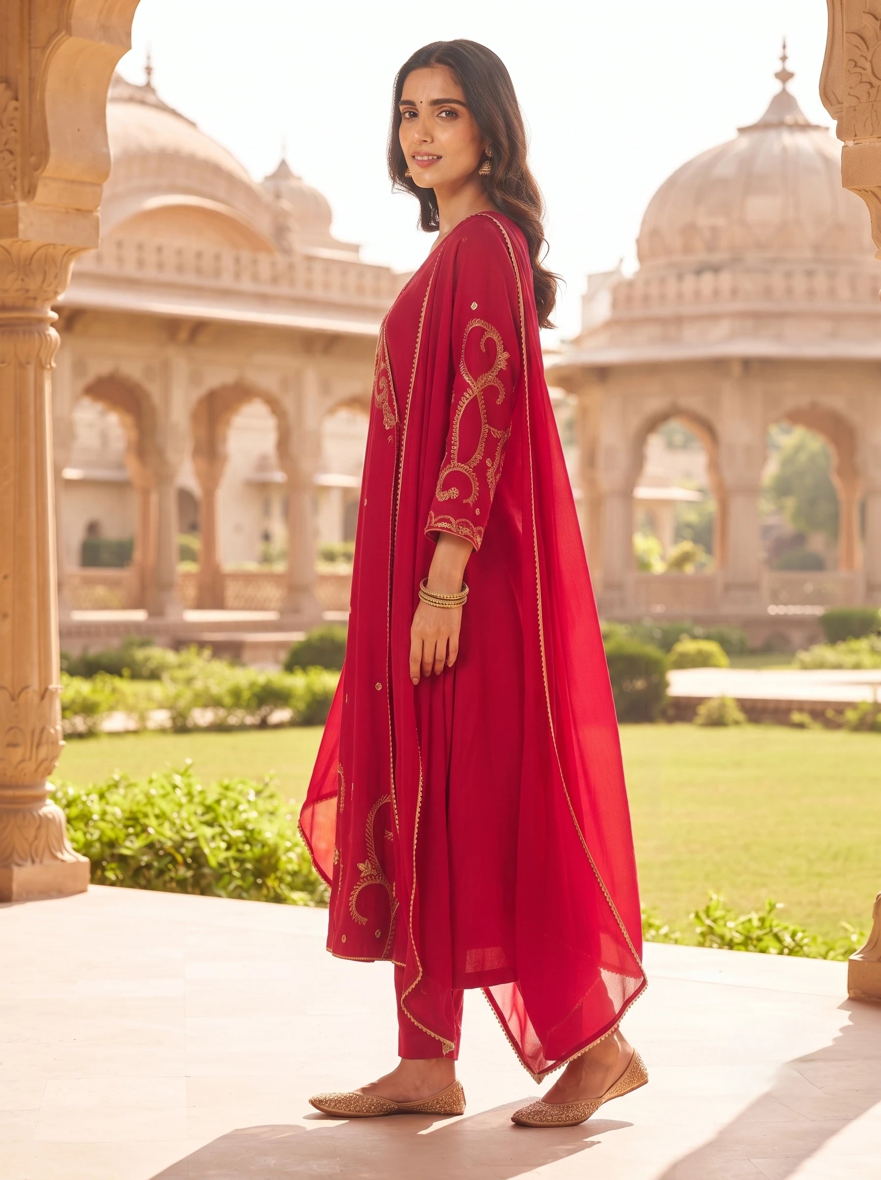 MAGENTA GOLDEN EMBROIDERED ANGRAKHA STYLE DOLA SILK SUIT SET