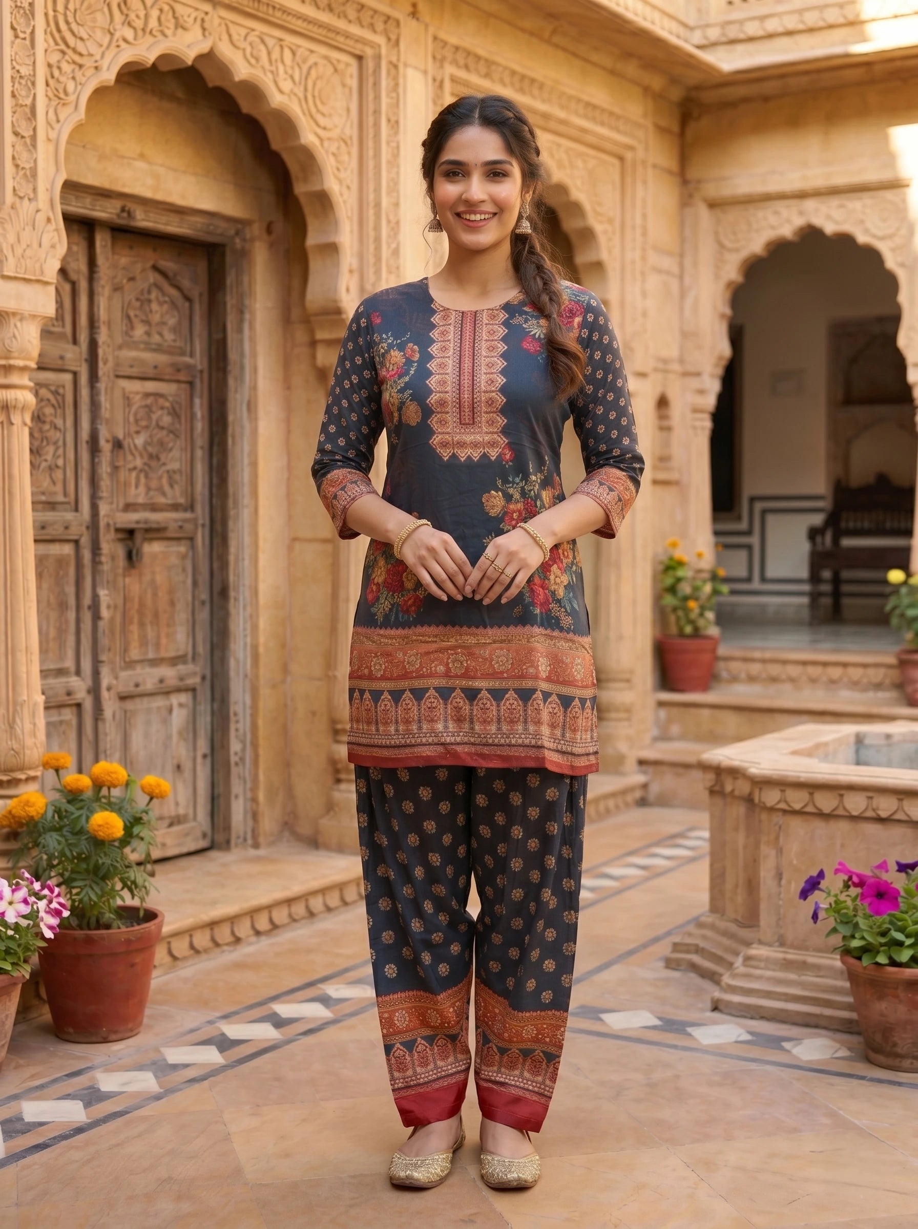 VINTAGE BLUE  FLORAL PANEL FARSHI CO-ORD  SET