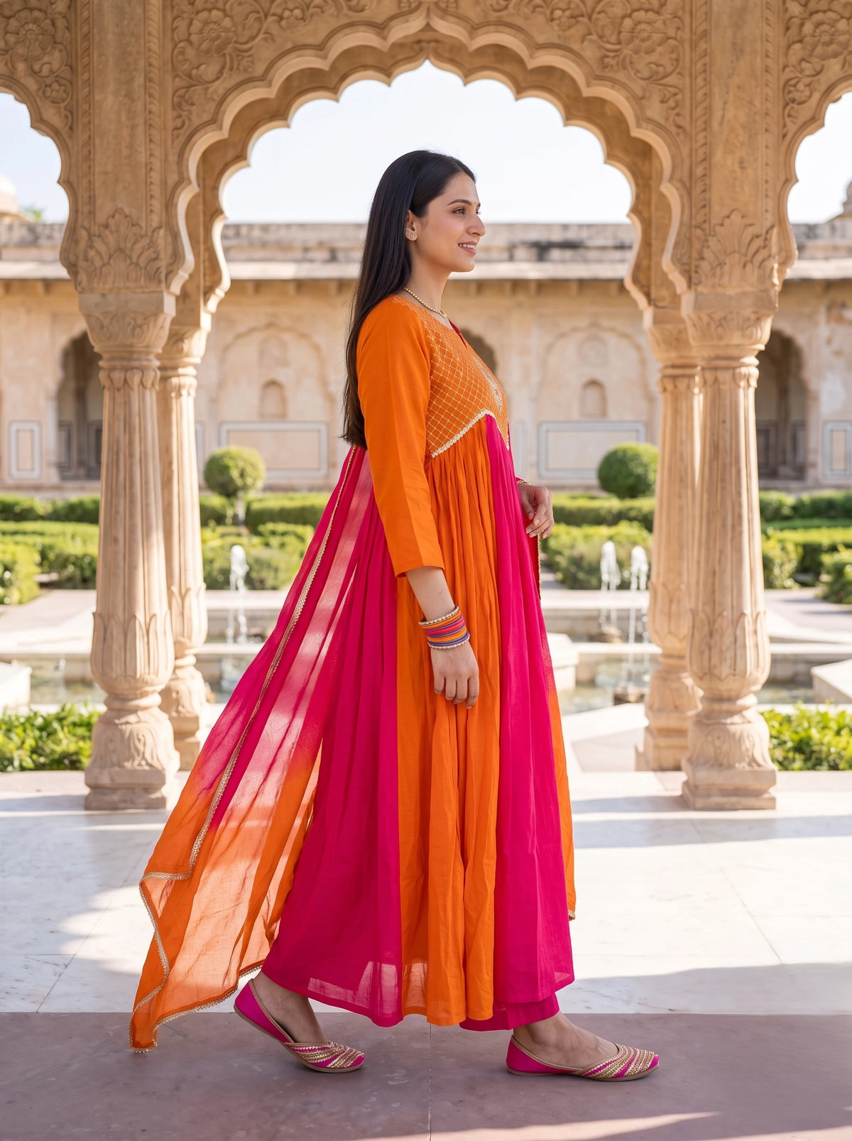 ORANGE PINK DUAL TONE HAND EMBROIDERD FESTIVE ANARKALI  SUIT SET