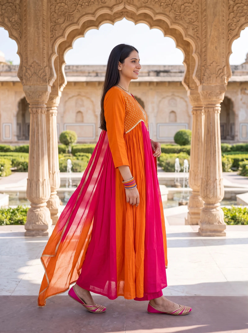 ORANGE PINK DUAL TONE HAND EMBROIDERD FESTIVE ANARKALI  SUIT SET