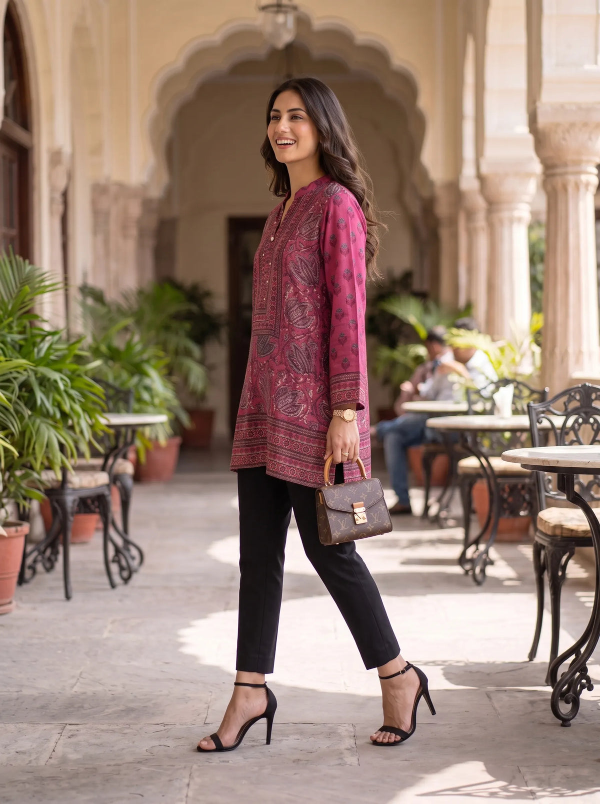 MAGENTA PRINTED COIN BUTTON PURE MUSLIN SHIRT TOP