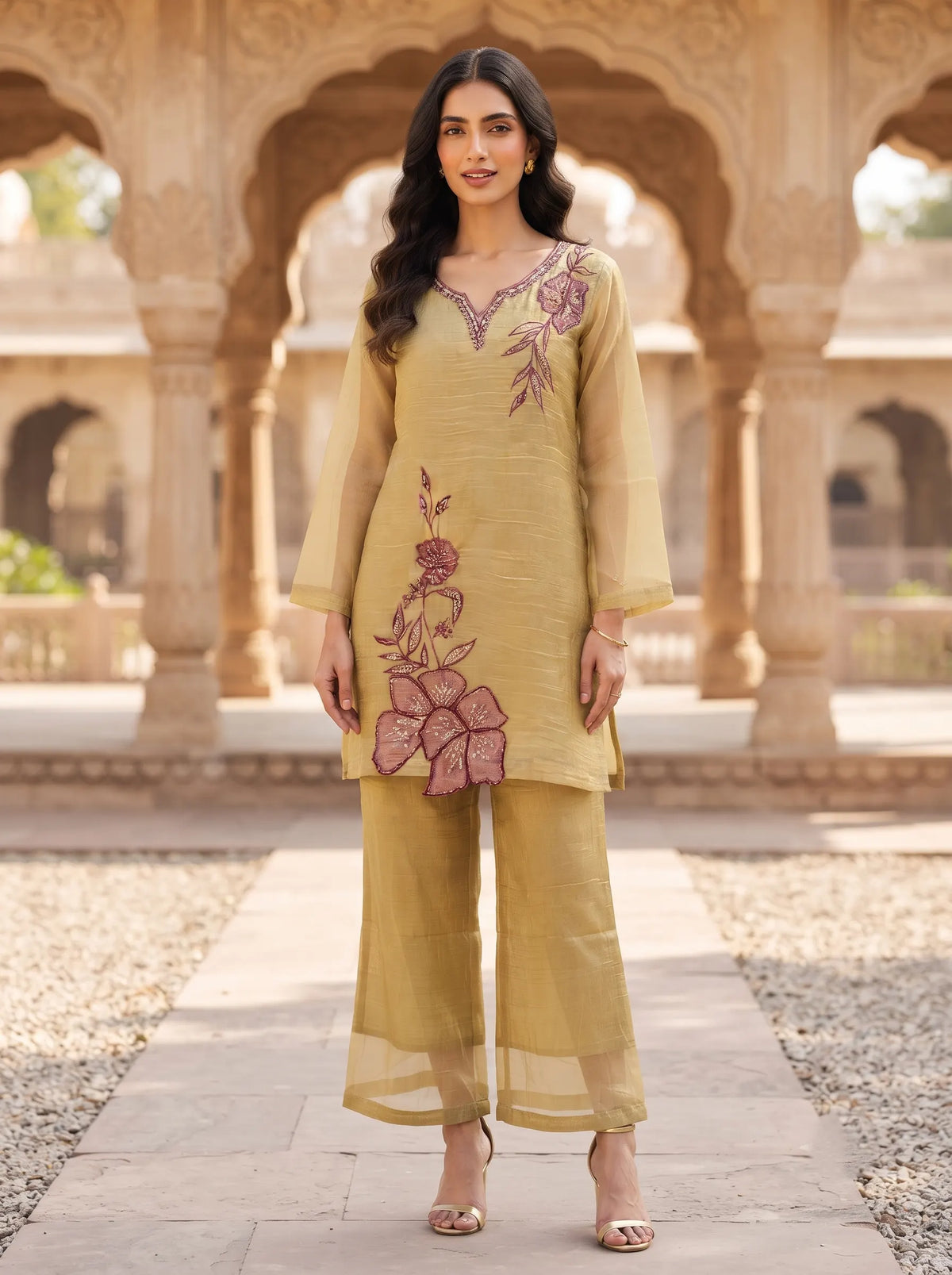 TAUPE WINE EMBROIDERED NECKLINE CRUSH TISSUE FESTIVE CO-ORD SET