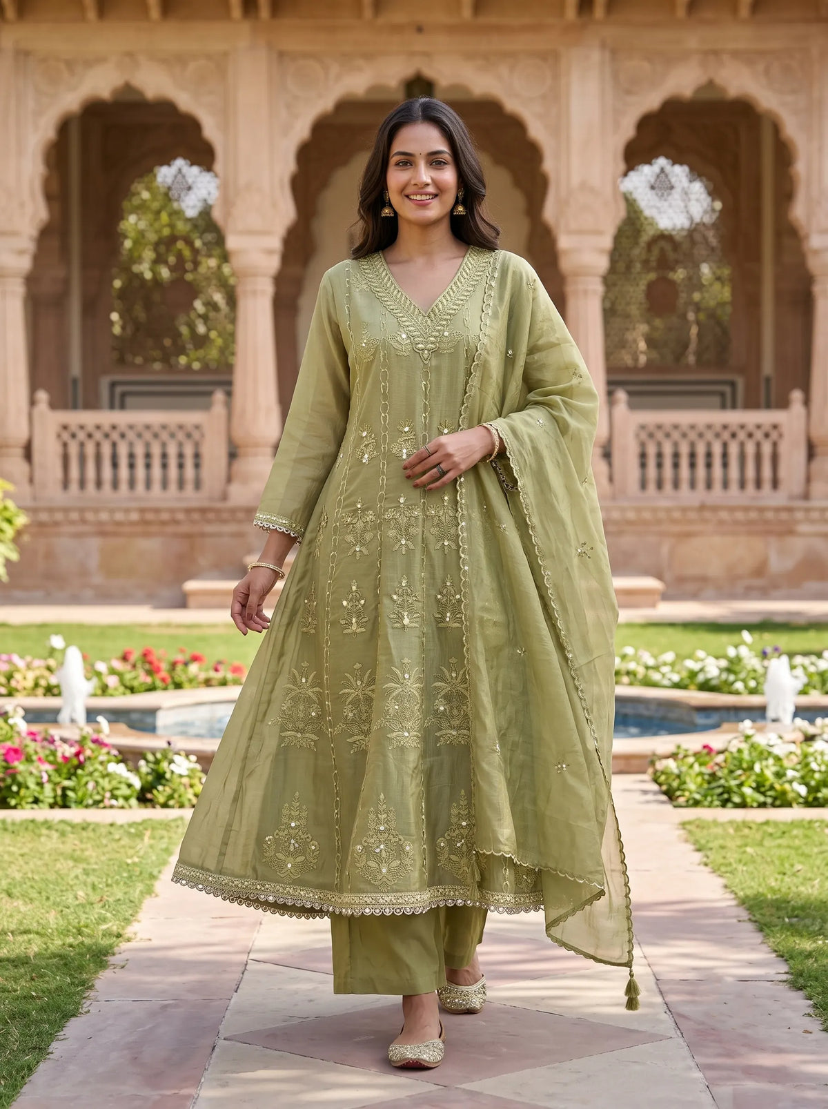 SAGE GREEN FLOWING ANARKALI WITH DELICATE FLORAL EMBROIDERED  SUIT SET