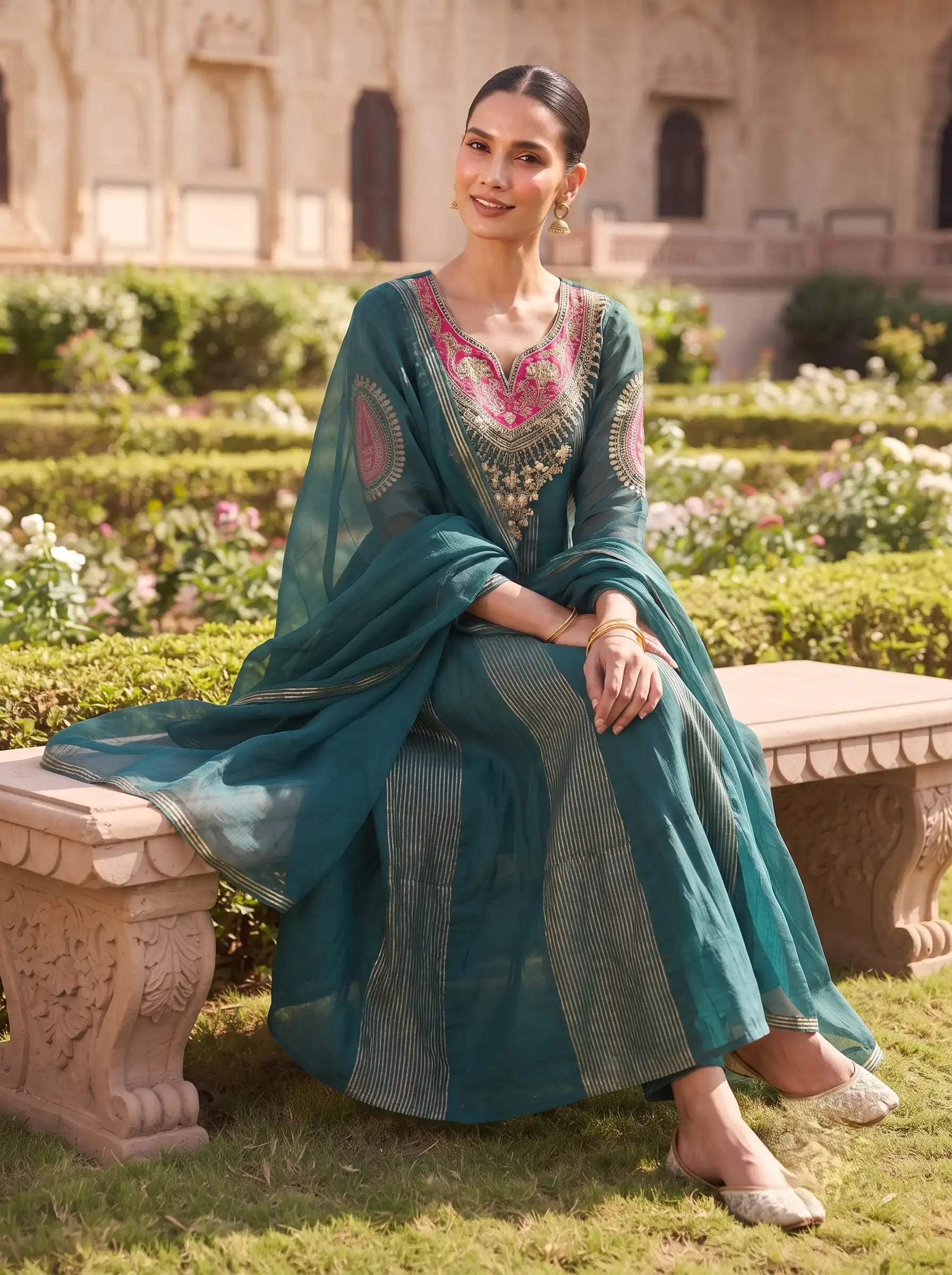 DARK TURQUOISE DESIGNER HAND EMBROIDERED FESTIVE SUIT SET