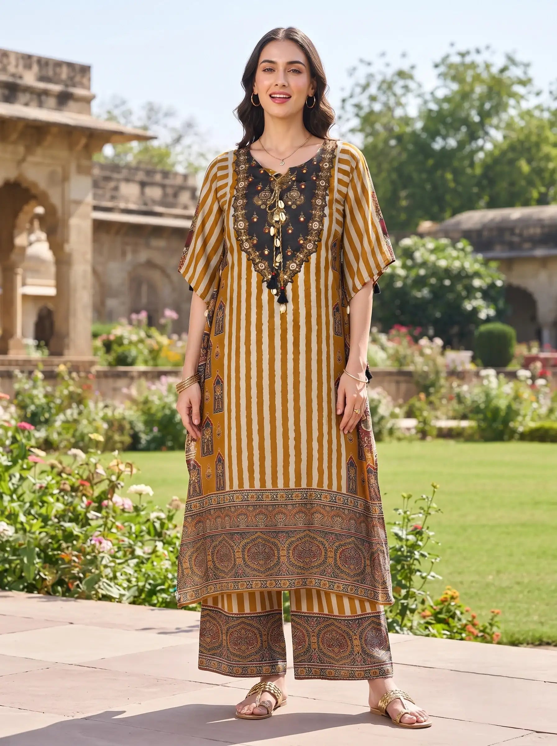BROWN BOHEMIAN MIRROR WORK & COWRY SHELL MUSLIN KAFTAN CO-ORD SET