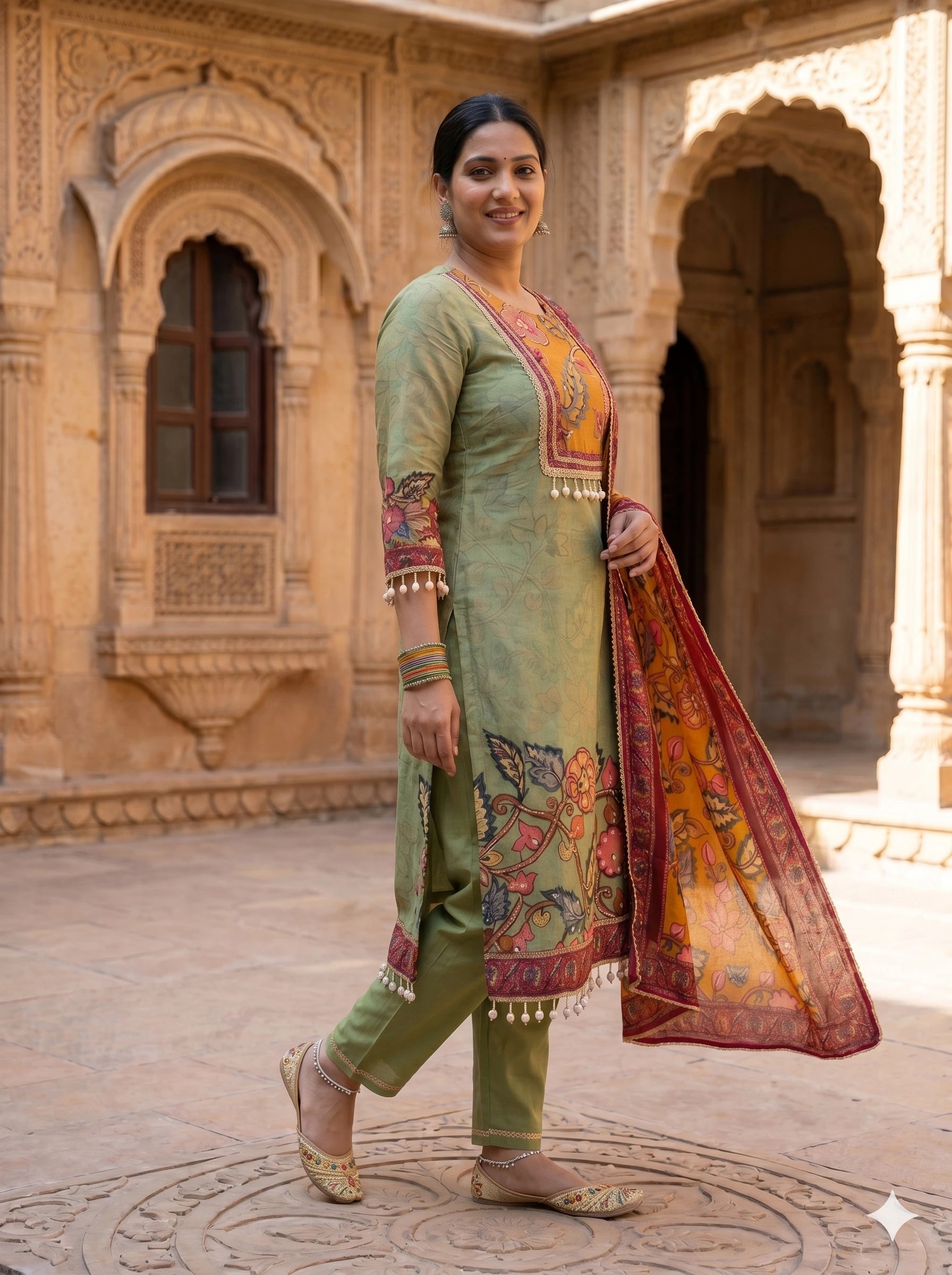 OLIVE BLOOM HANDPAINTED MIRROR WORK SUIT SET