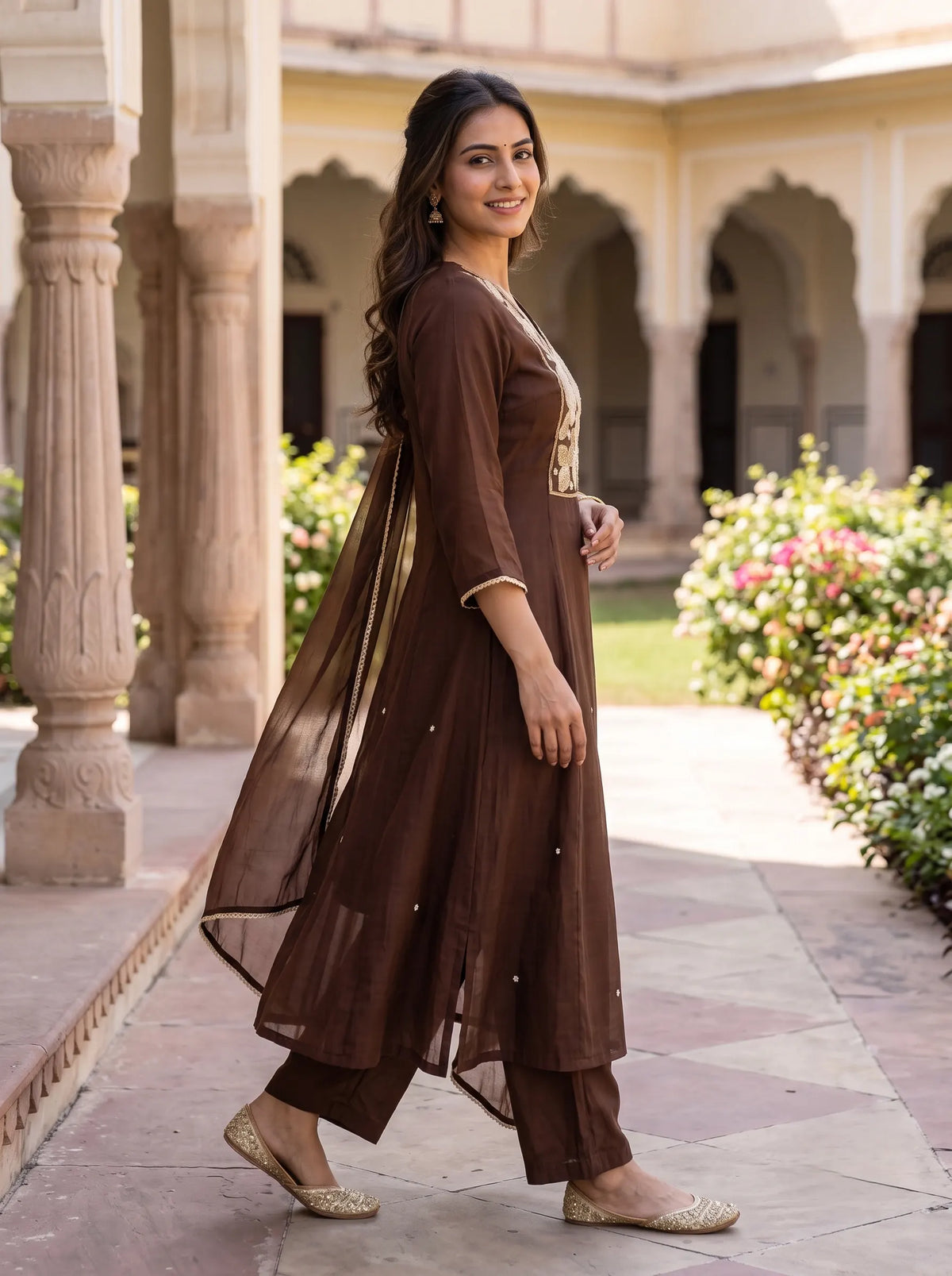 CHOCOLATE BROWN FESTIVE ANARKALI SUIT WITH HEAVY GOLD FLORAL EMBROIDERY